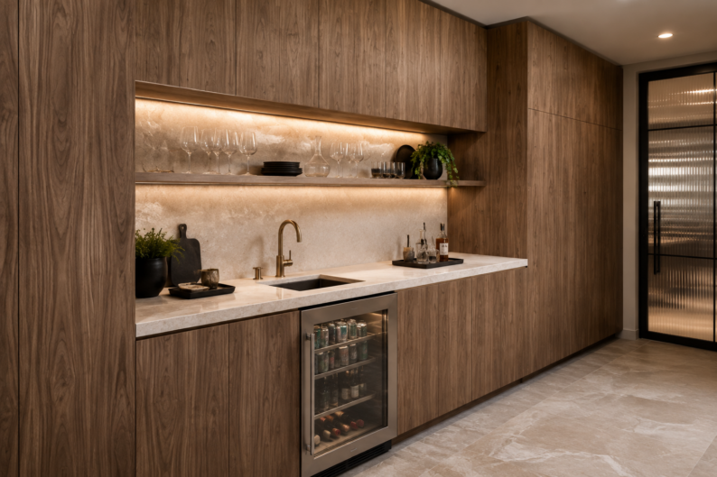 Kitchen island with European walnut frameless cabinets highlighted by warm integrated LED lighting.