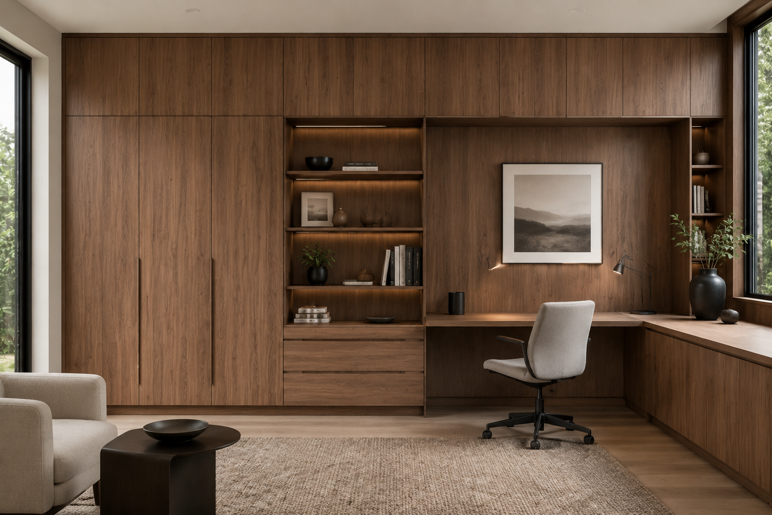 Modern home office built-in desk and floating shelves crafted with European walnut frameless cabinetry.