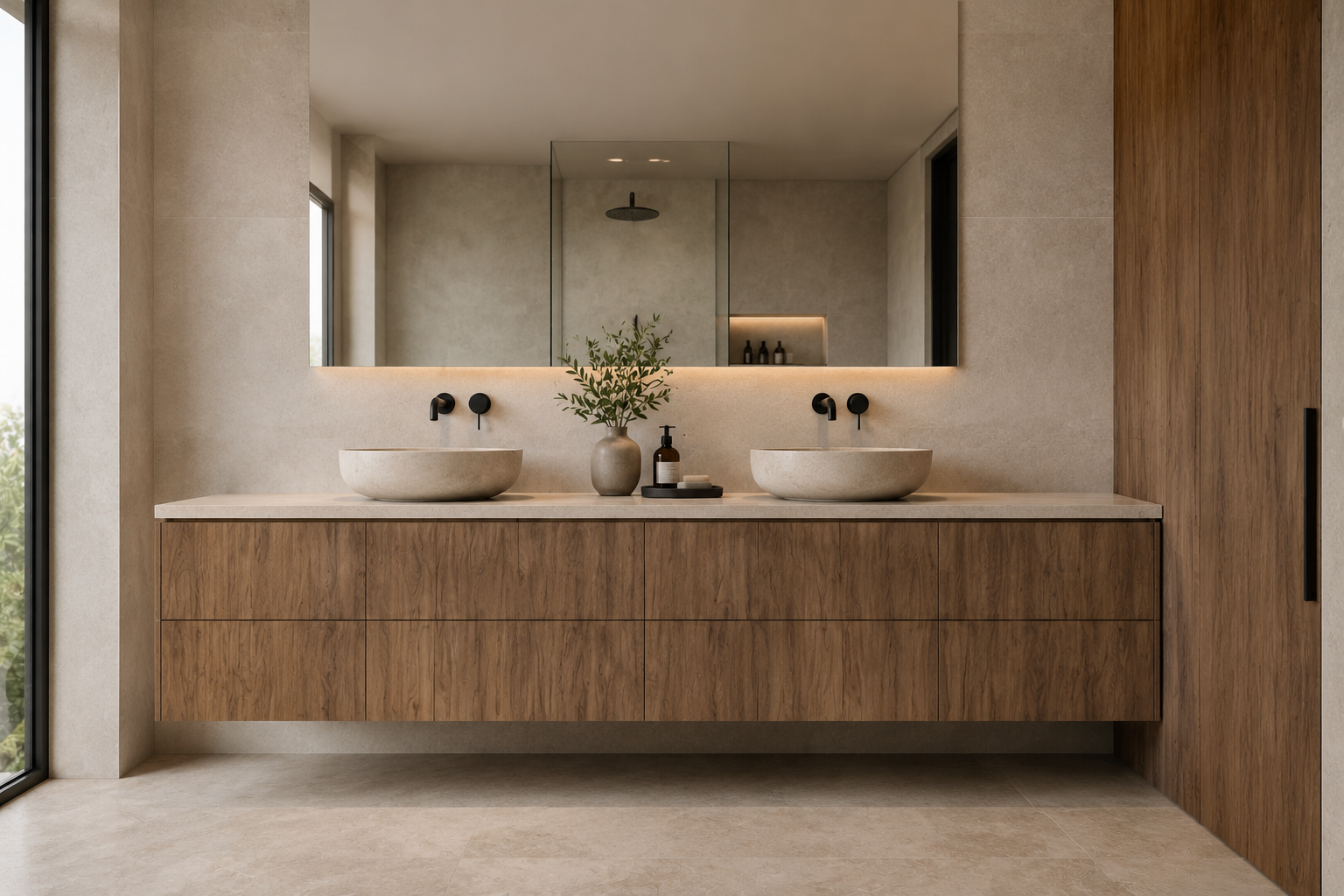 Double sink bathroom vanity constructed with European walnut frameless cabinets and light quartz countertop.