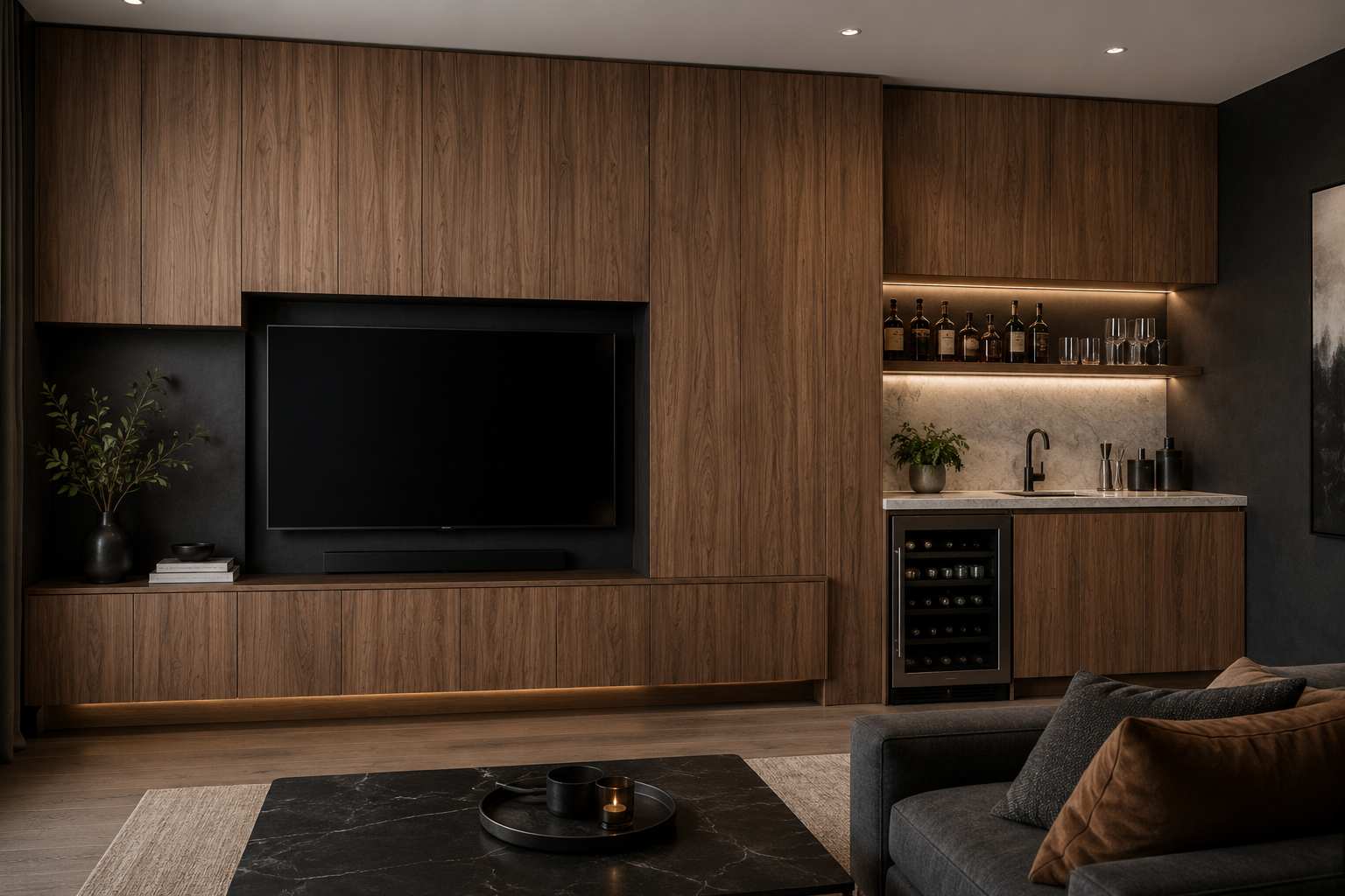 Wall-mounted European walnut frameless media console and accent cabinet in a modern living room layout.