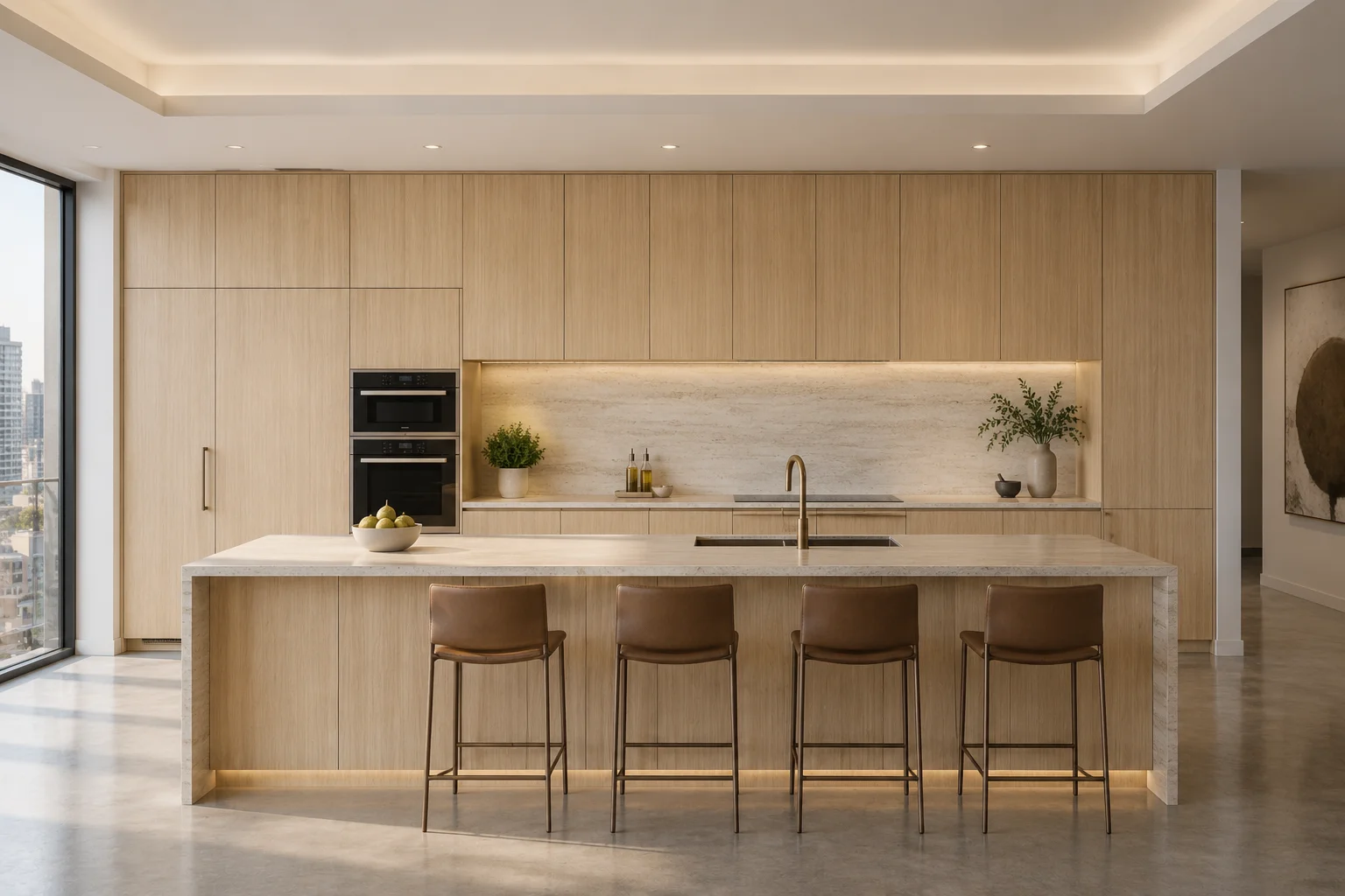 Bright, modern kitchen featuring natural oak European frameless cabinets, a large matching island with a white countertop, four brown leather bar stools, and built-in black double ovens.