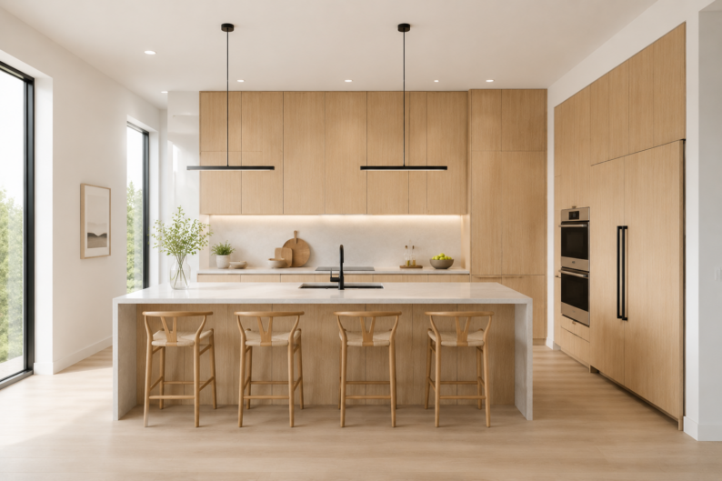Modern open-concept kitchen featuring natural oak European frameless cabinets, a large matching island with white countertops, four wooden bar stools, black linear pendant lighting, and built-in black double ovens.