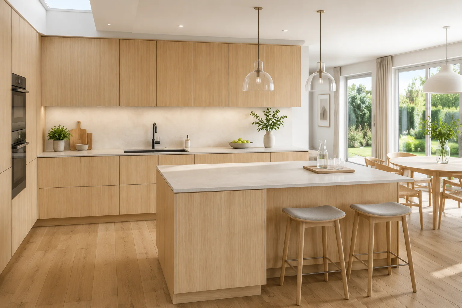 Bright, open-concept kitchen featuring natural oak European frameless cabinets, a large matching island with white countertops, three wooden bar stools, glass pendant lighting, and an adjacent dining space with large windows.