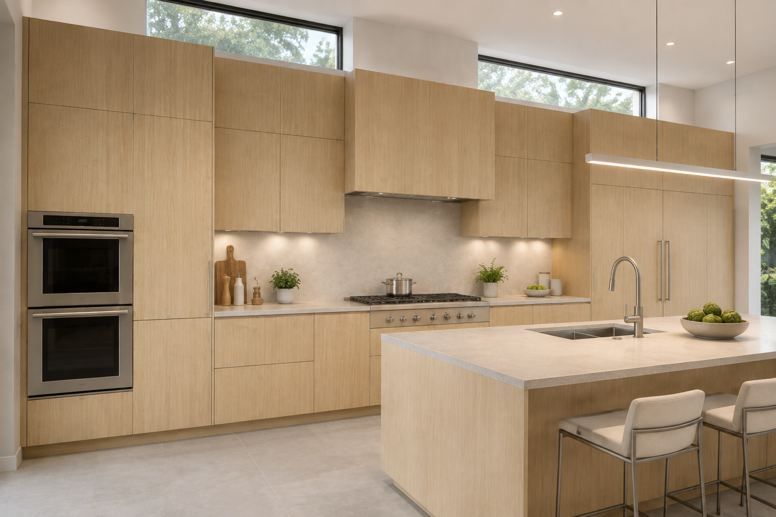 Modern open-concept kitchen featuring natural oak European frameless cabinets, a large matching island with white countertops, two white upholstered bar stools with metal frames, and built-in stainless steel double ovens.