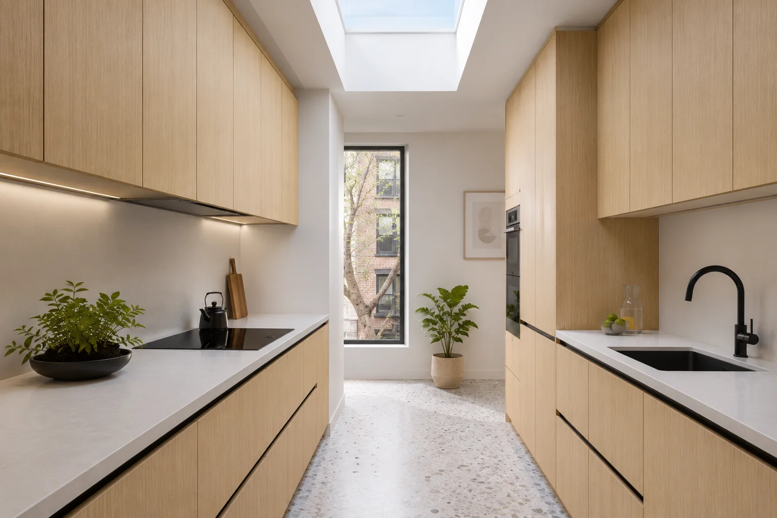 Bright galley kitchen featuring natural oak European frameless cabinets, white countertops, and a black sink faucet.