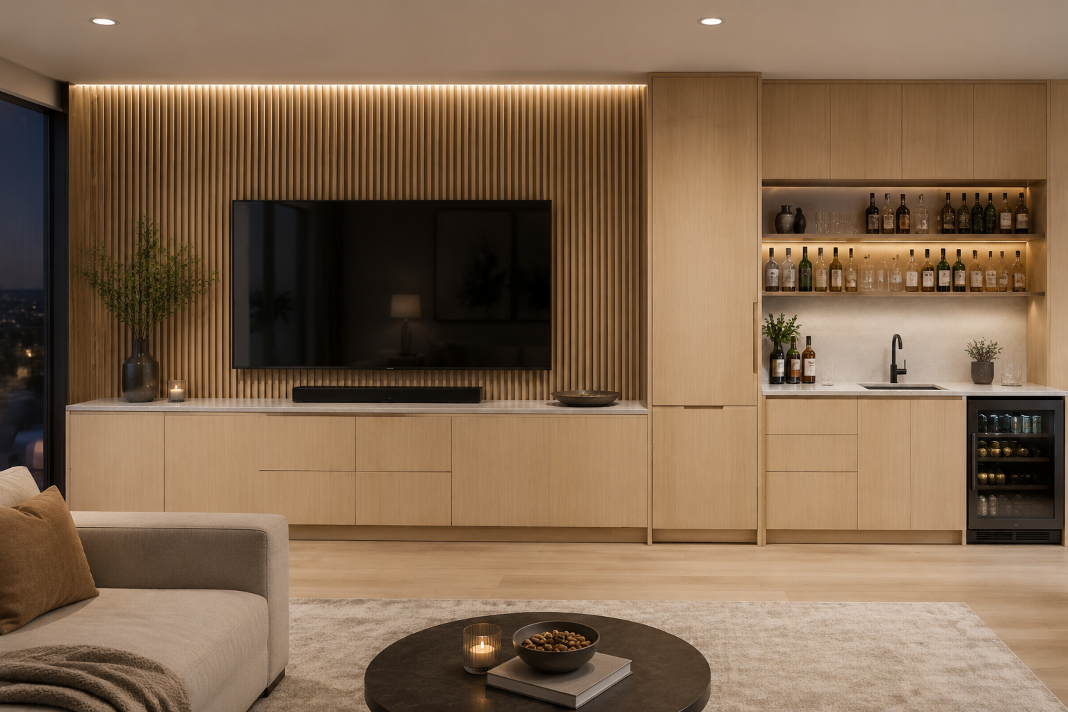 Built-in living room media console and home beverage bar crafted with natural oak European frameless cabinetry and wood slat accents.