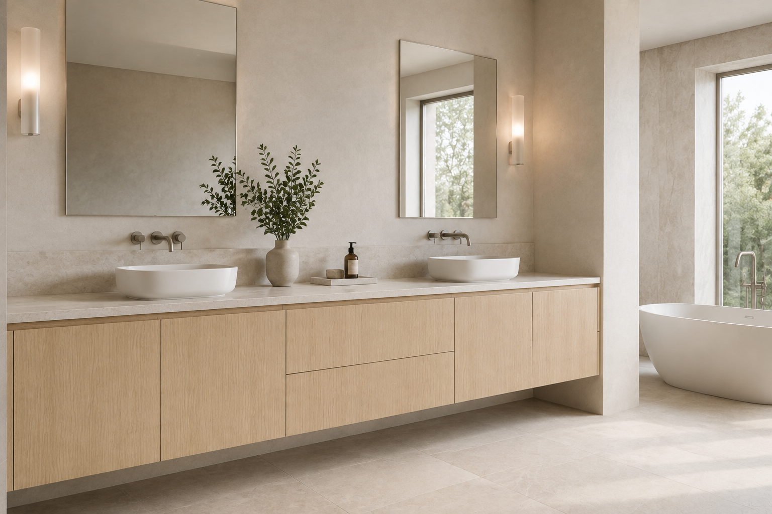 Floating double sink bathroom vanity built with natural oak European frameless cabinets and a bright white countertop.