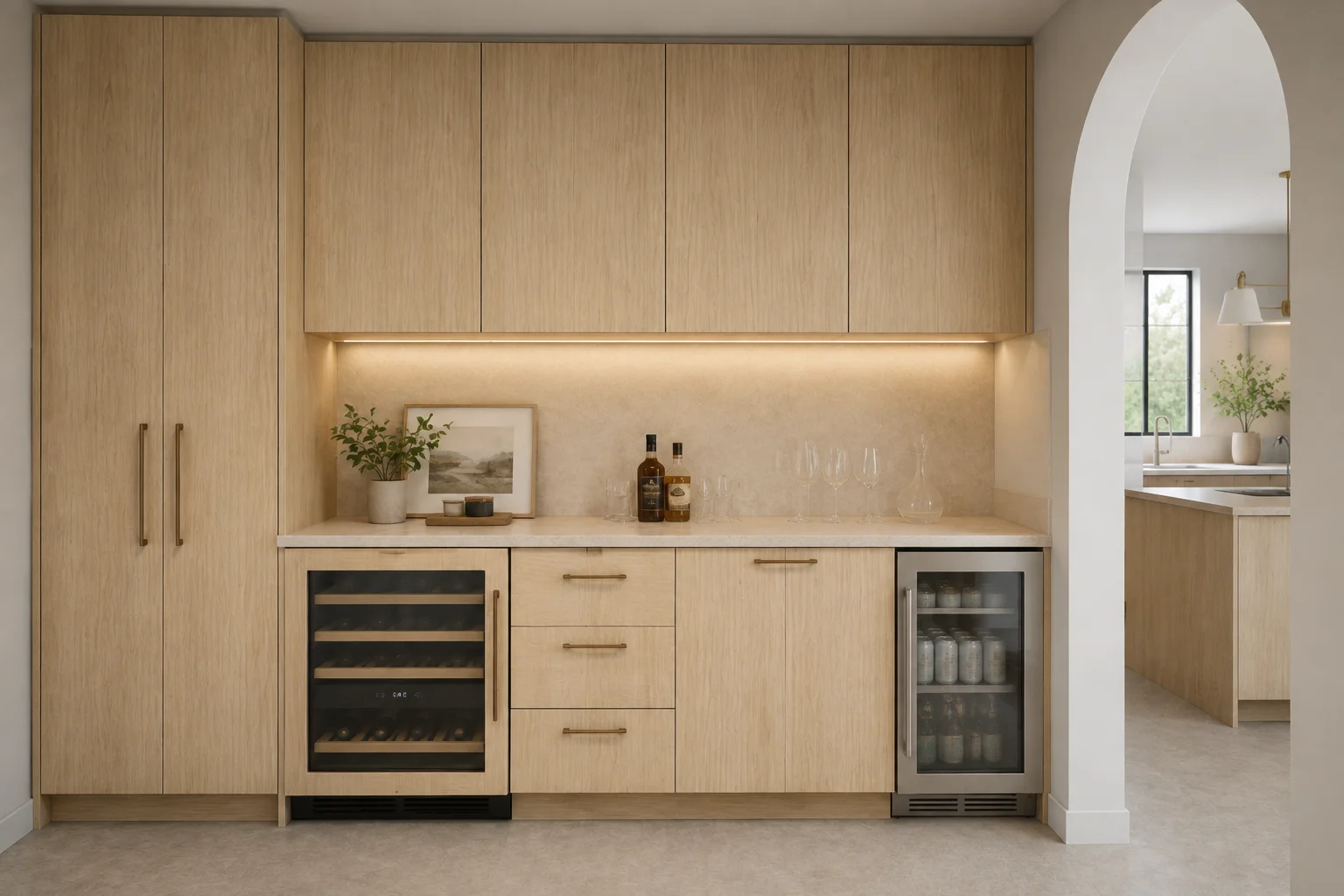 Custom home bar area featuring natural oak European frameless cabinets, built-in wine coolers, and under-cabinet lighting.