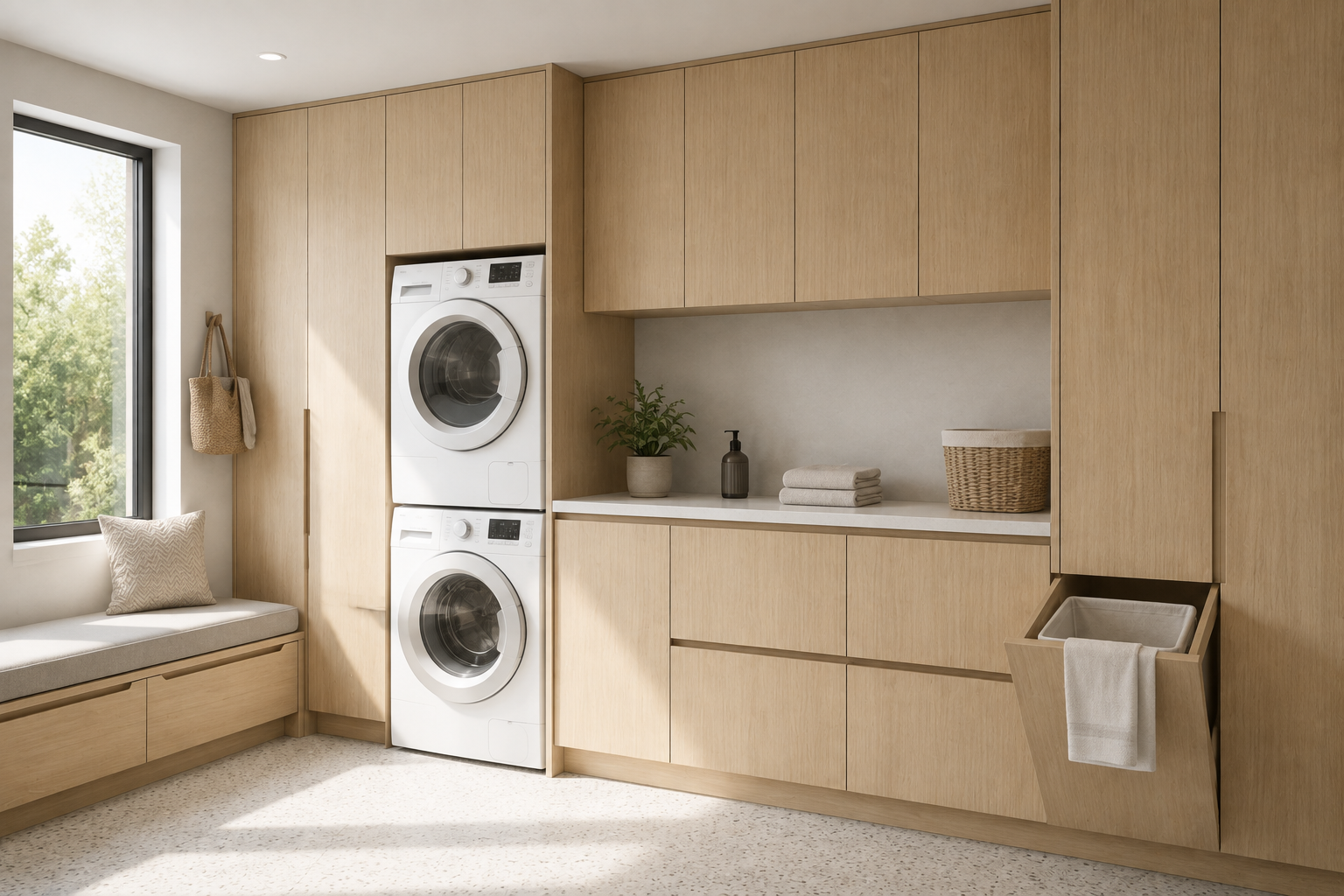 Custom laundry room featuring natural oak European frameless cabinetry, stacked washer and dryer, and an integrated tilt-out hamper.