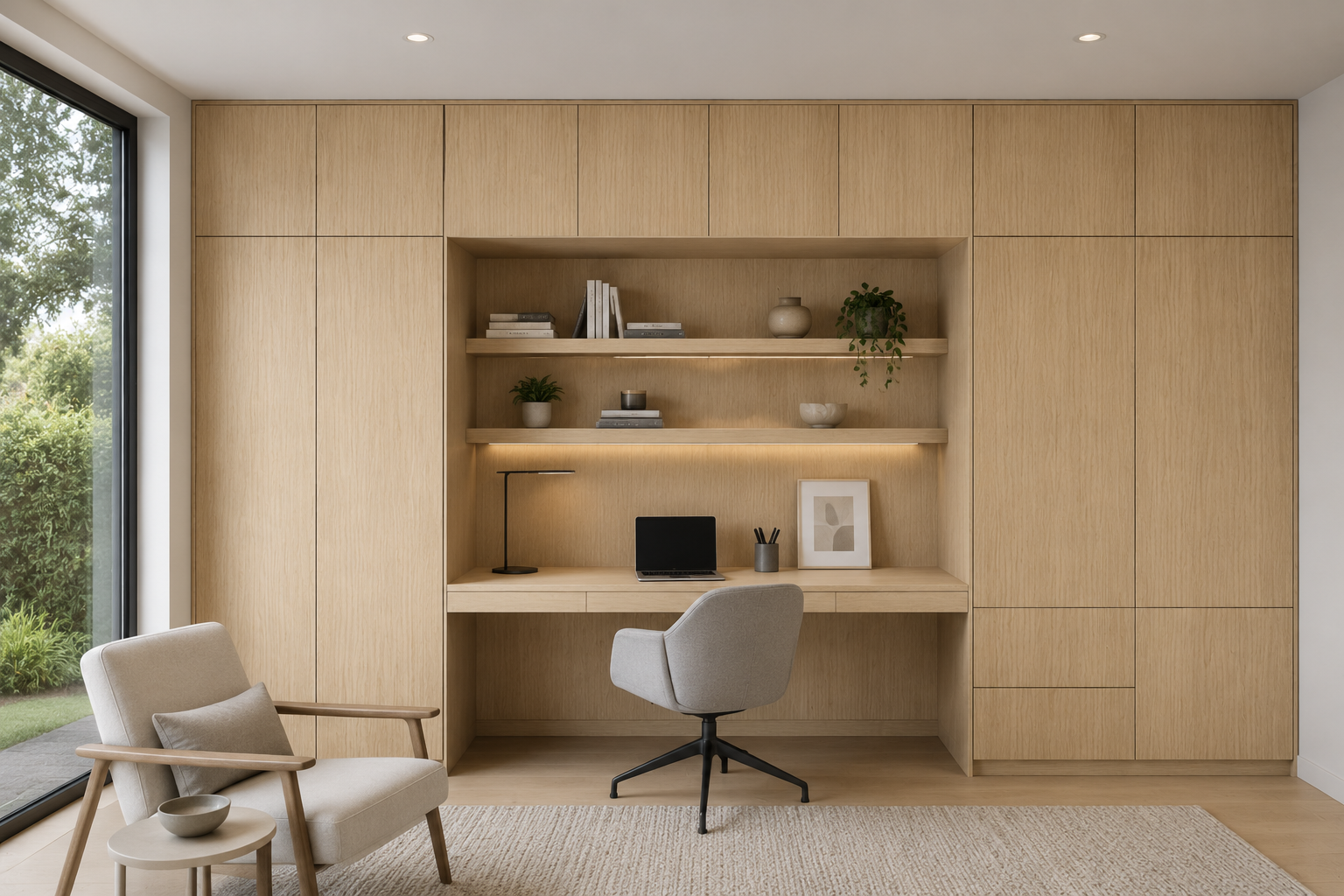 Built-in home office desk and floating shelves framed by tall natural oak European frameless storage cabinets.