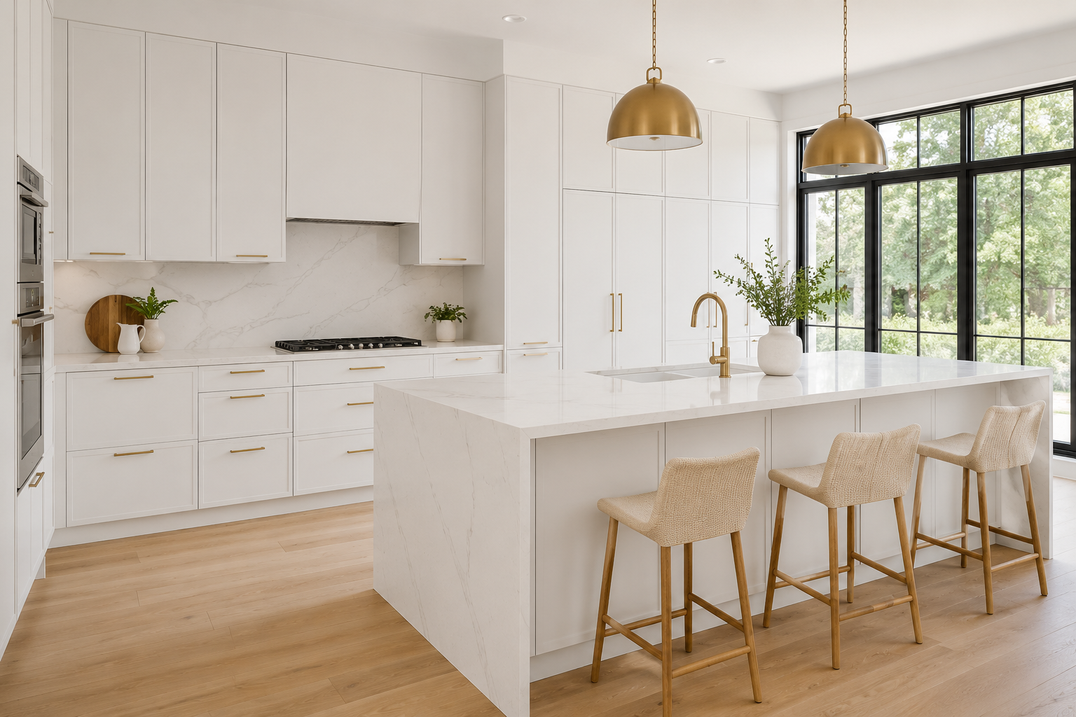 Fully renovated kitchen featuring custom dove white slim shaker cabinets throughout.