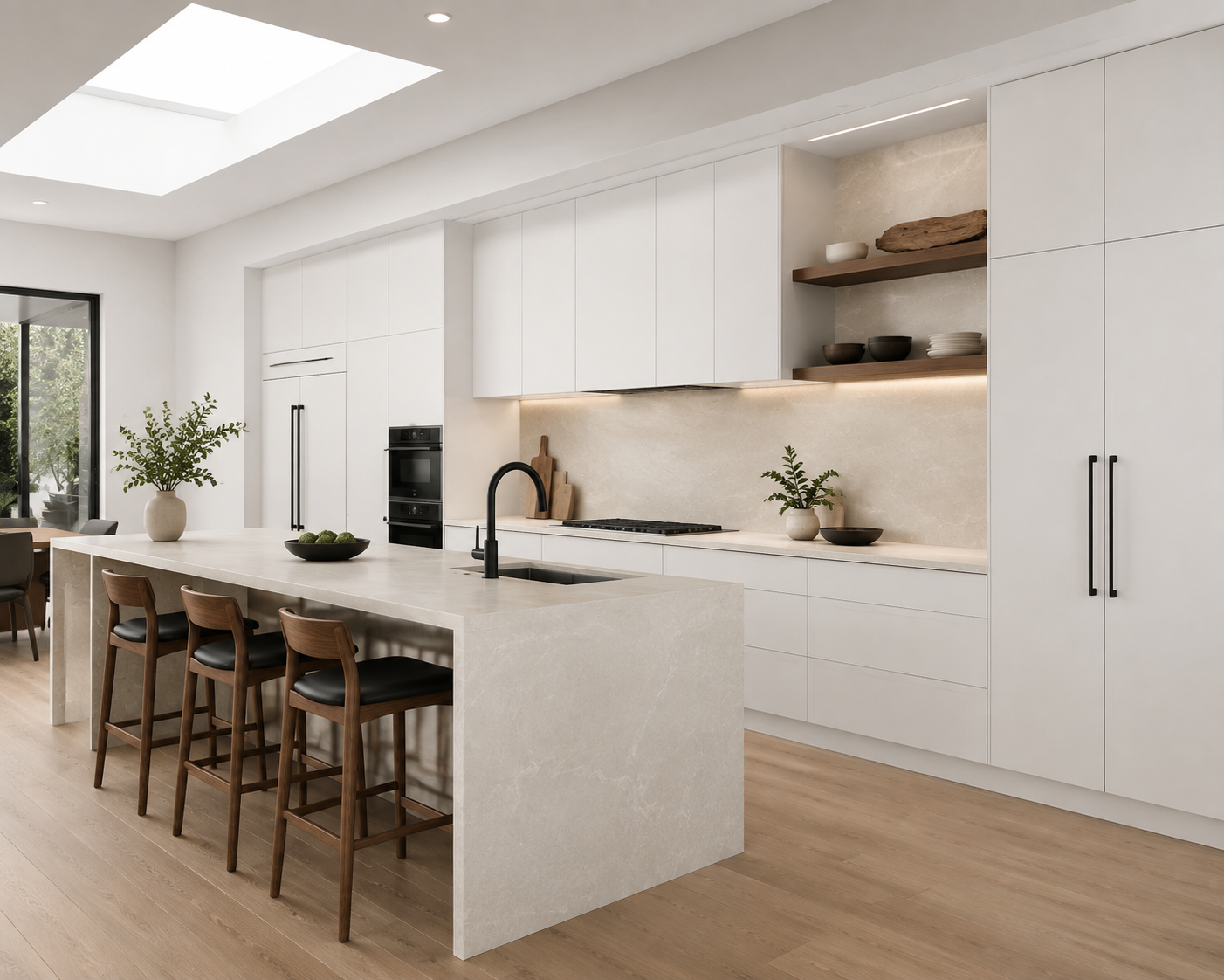 Upper wall units featuring sleek dove white slim shaker doors in a modern kitchen setting.