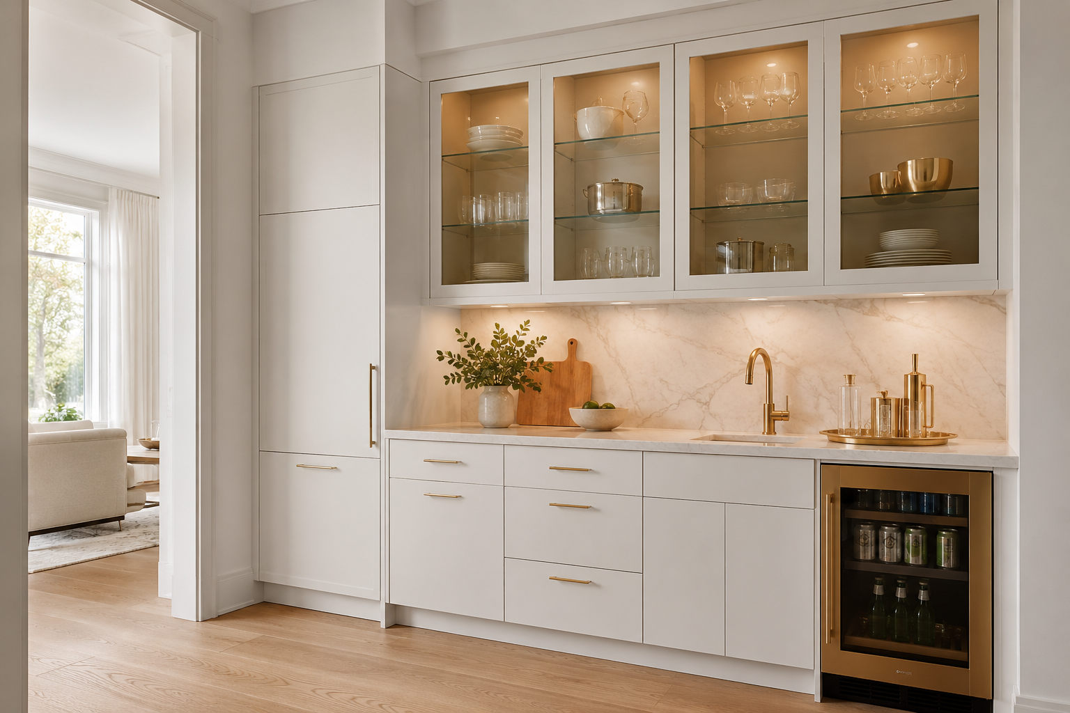 Seamless pairing of light stone countertops with dove white slim shaker kitchen cabinets.