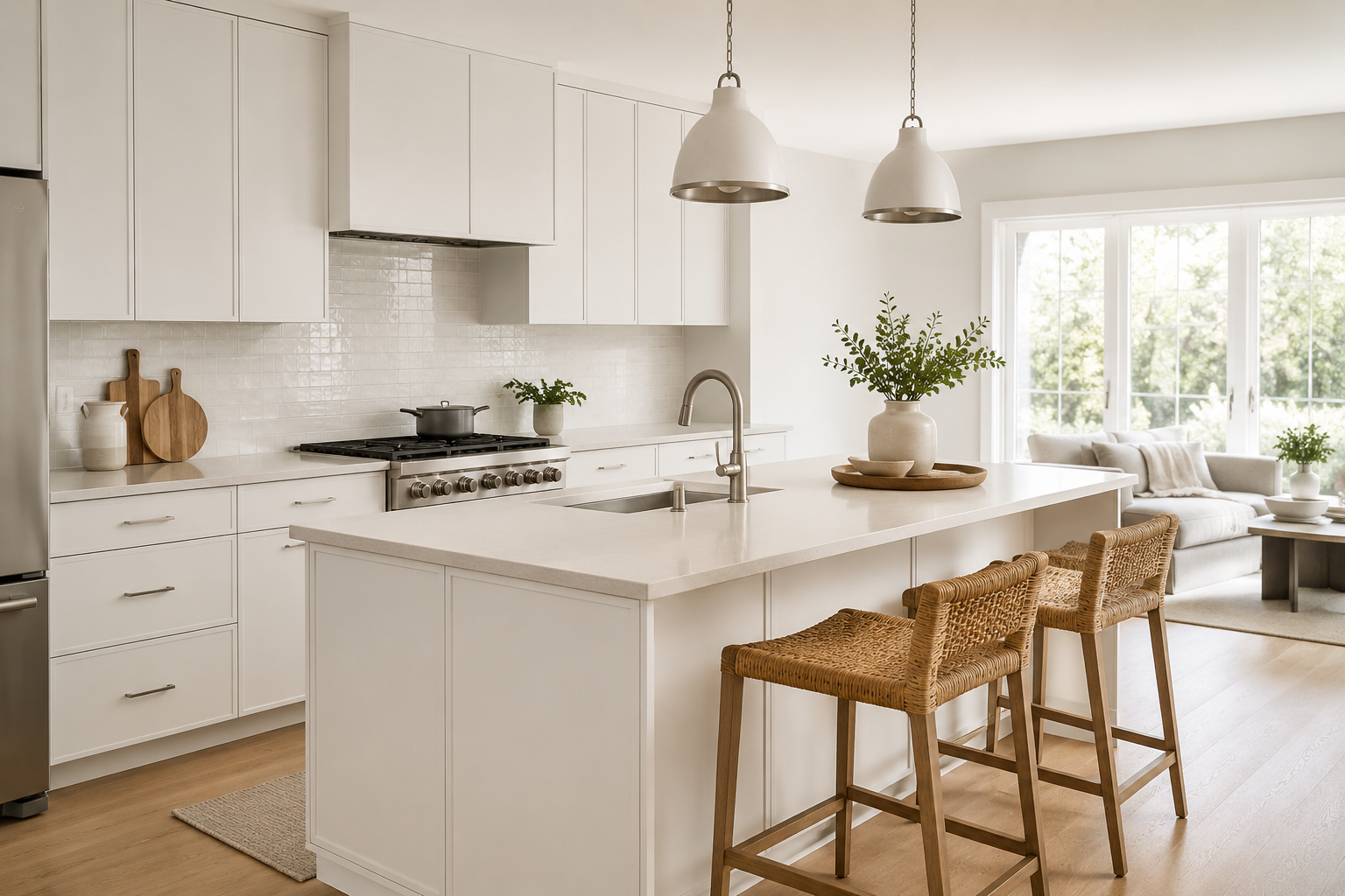 Open concept kitchen space highlighted by bright dove white slim shaker cabinetry.