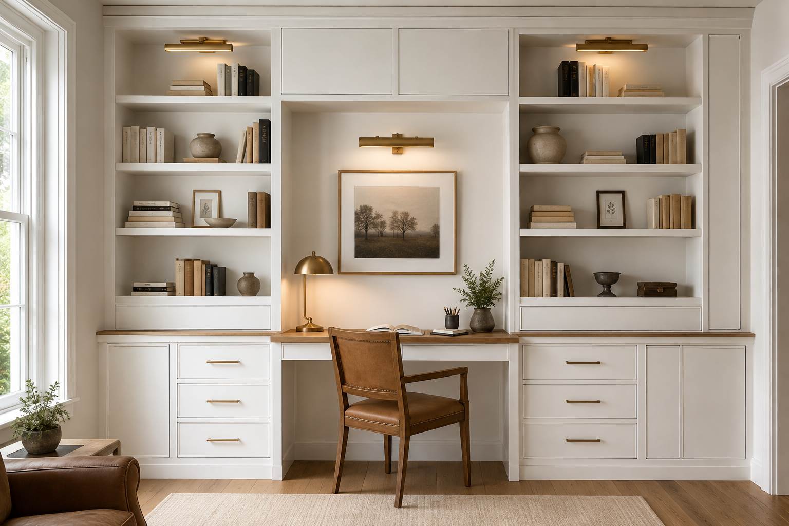 Interior view of custom kitchen storage built into dove white slim shaker cabinets.