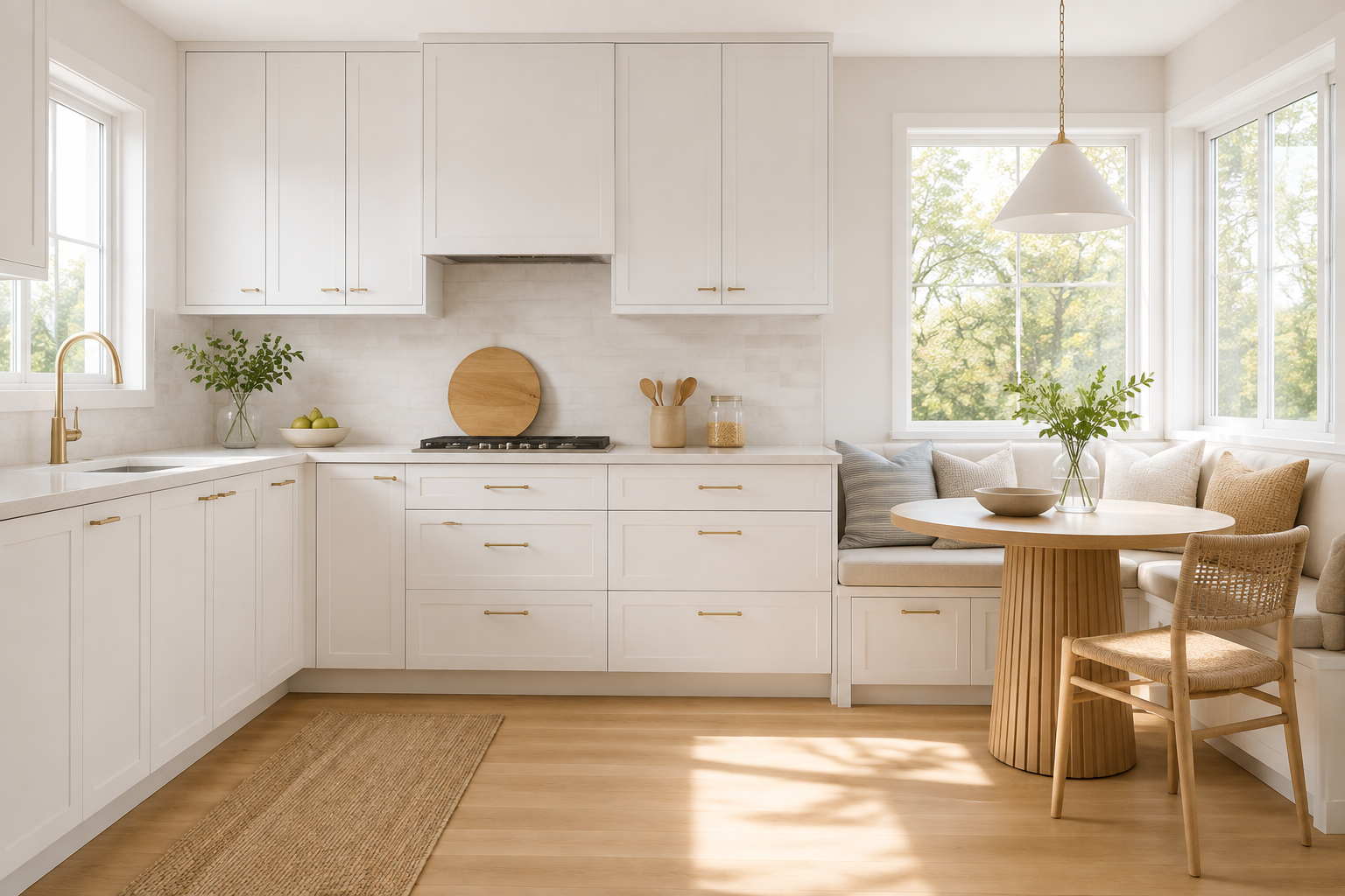 Dove white slim shaker kitchen cabinetry styled with elegant brass hardware accents.