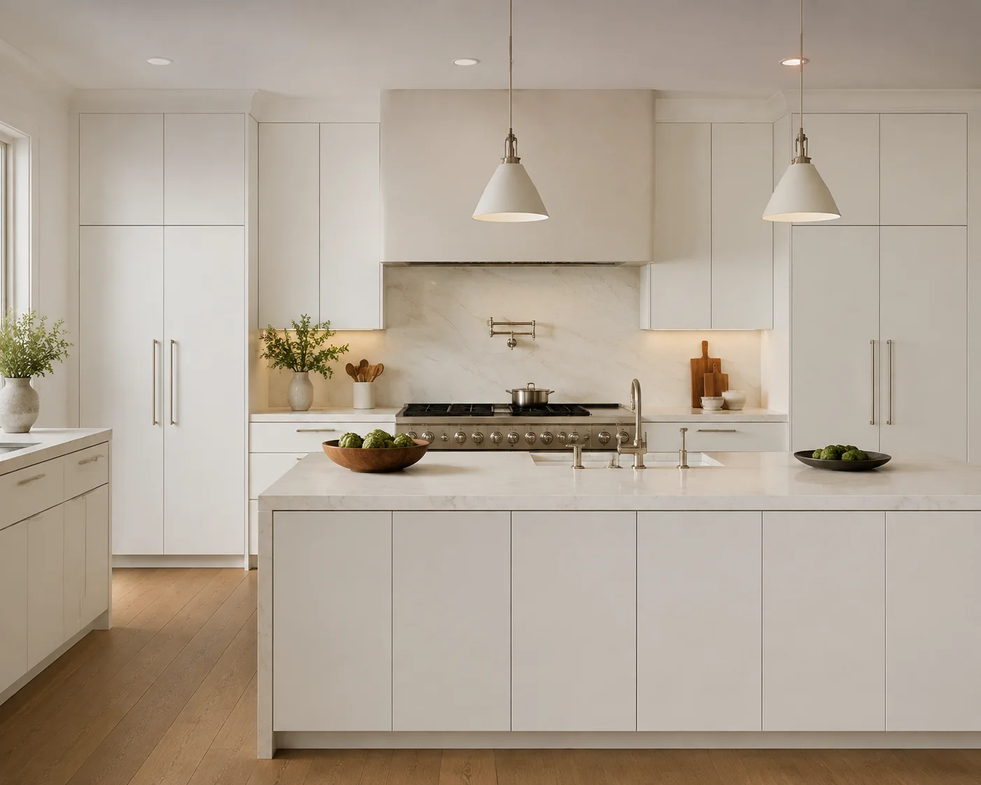Perimeter wall of dove white slim shaker kitchen cabinets offering a minimalist look.