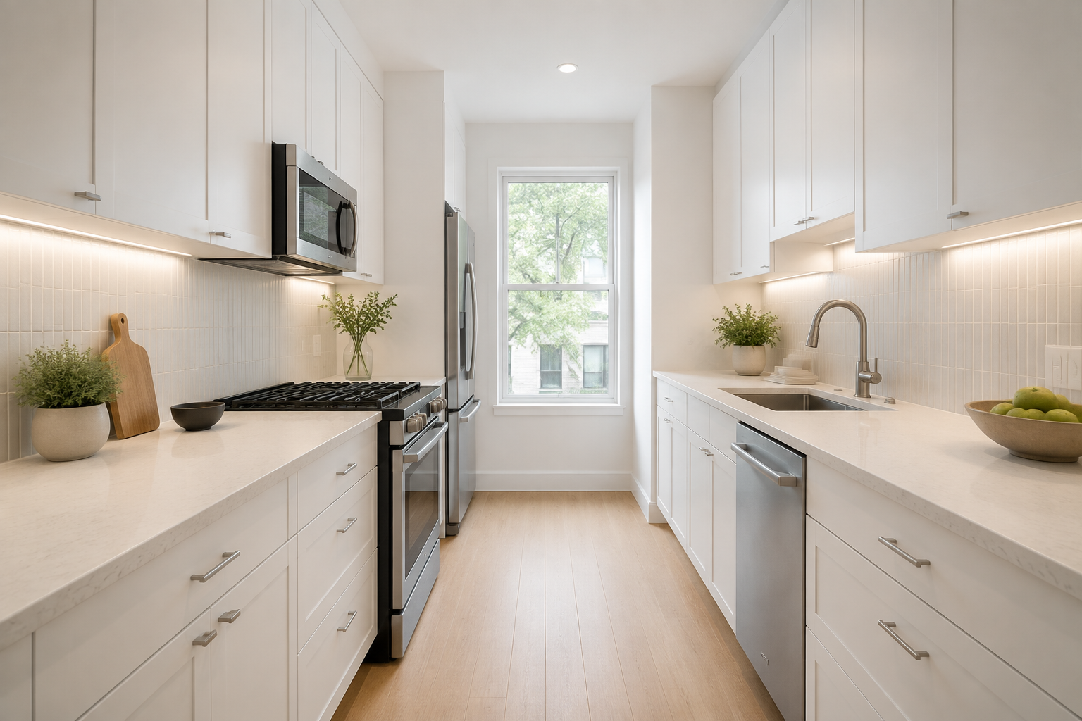 Bright modern kitchen featuring dove white slim shaker cabinetry and clean contemporary styling.