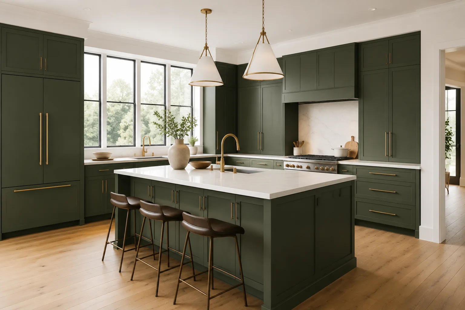 Full kitchen installation featuring custom slim sage green shaker cabinets throughout.