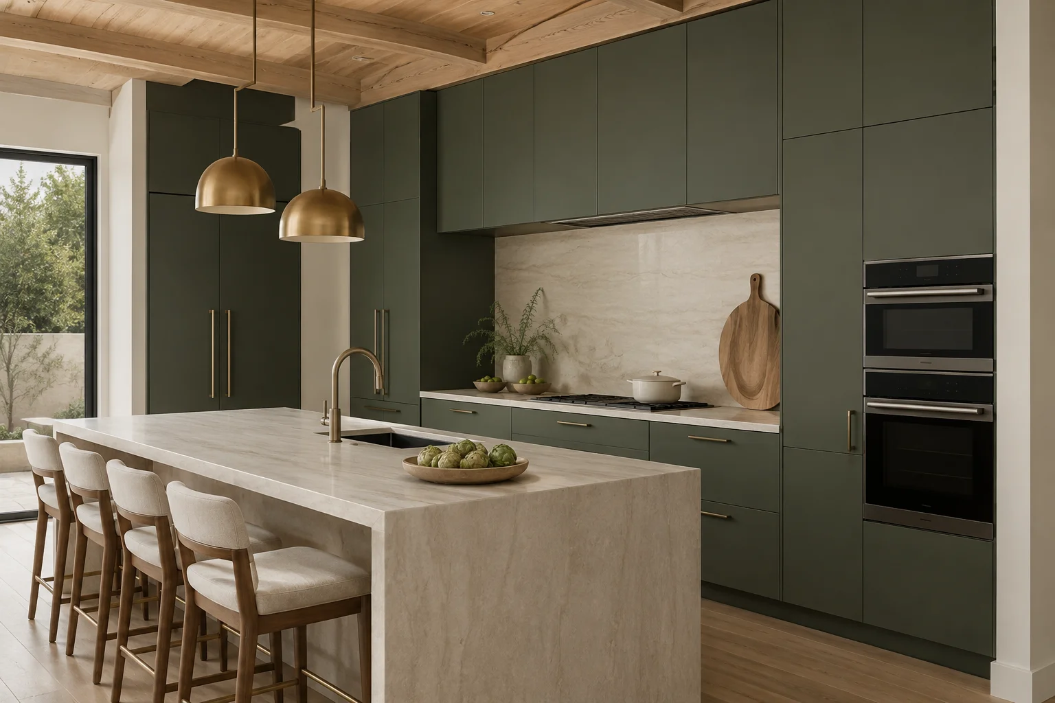 Upper wall cabinetry featuring slim sage green shaker doors in a modern home layout.