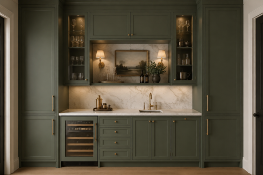 Light stone countertop paired seamlessly with slim sage green shaker kitchen cabinets.