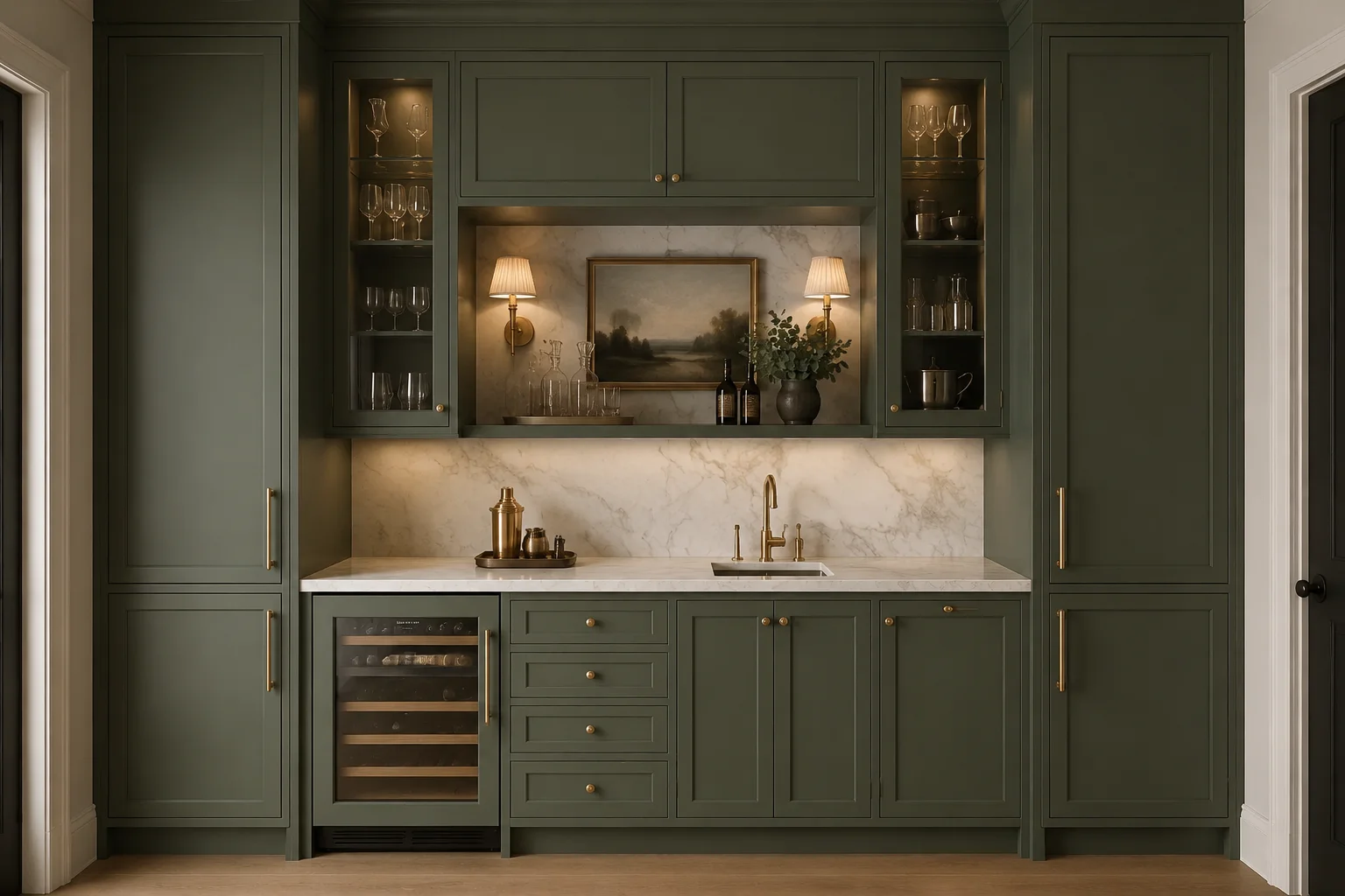 Light stone countertop paired seamlessly with slim sage green shaker kitchen cabinets.