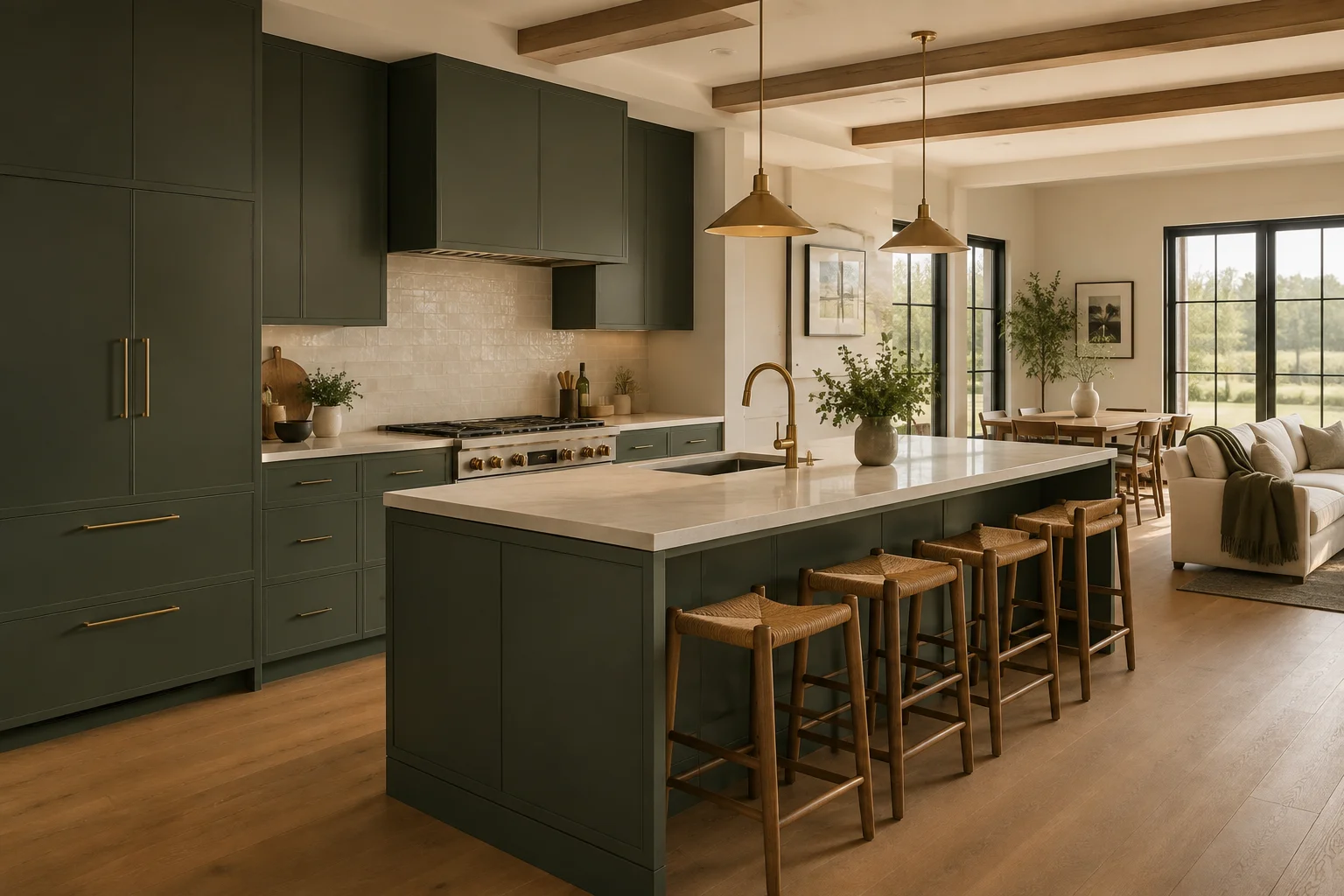 Open concept kitchen filled with natural light highlighting slim sage green shaker cabinets.