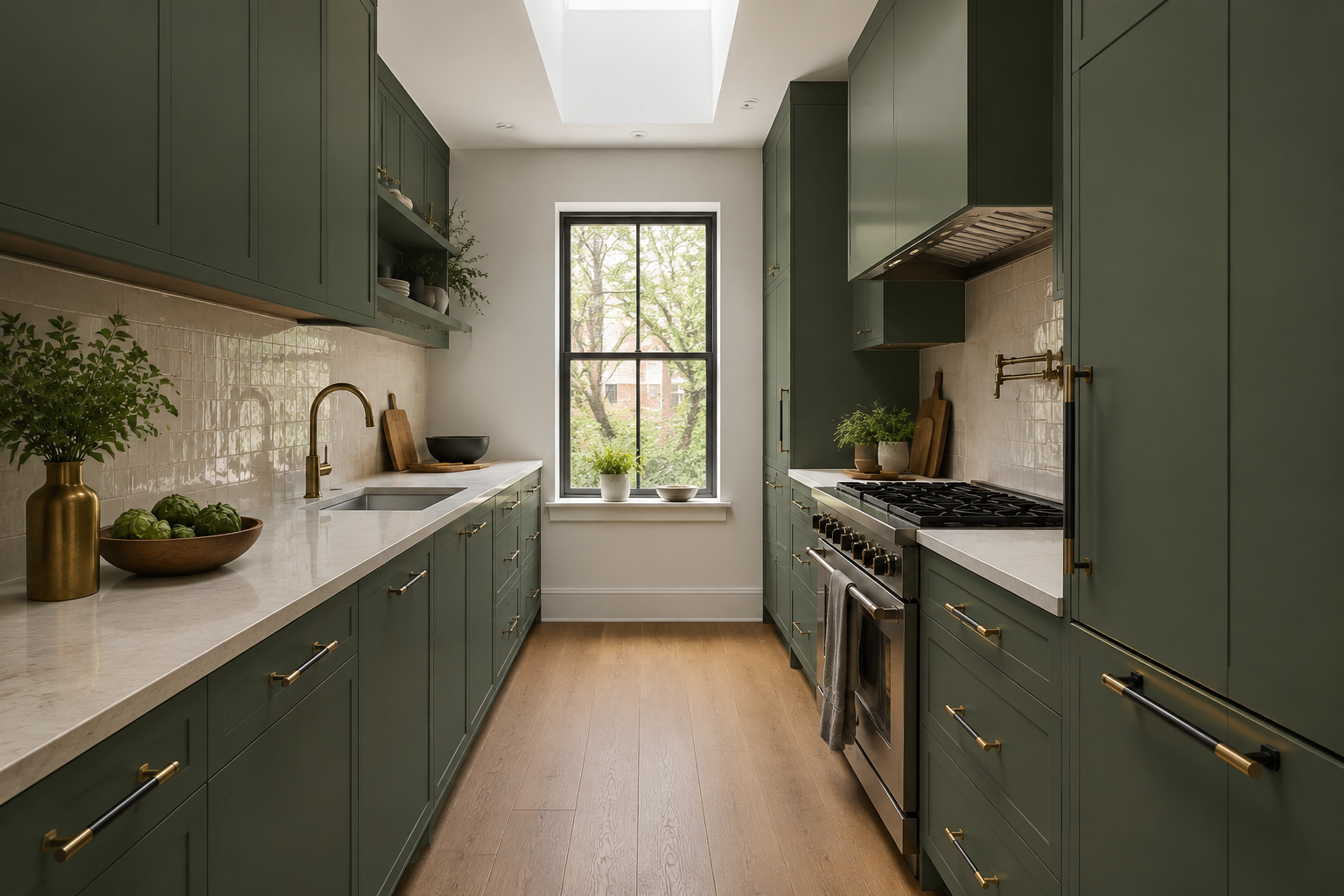 Built-in storage and organizer drawers set inside slim sage green shaker cabinetry.