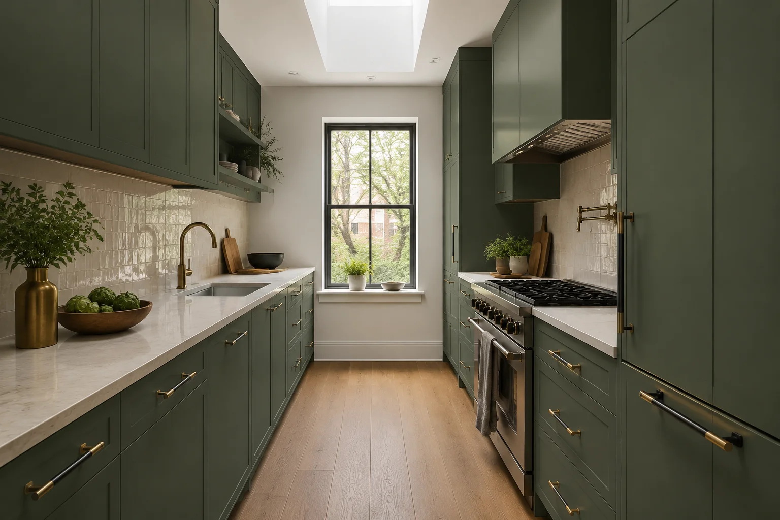 Built-in storage and organizer drawers set inside slim sage green shaker cabinetry.