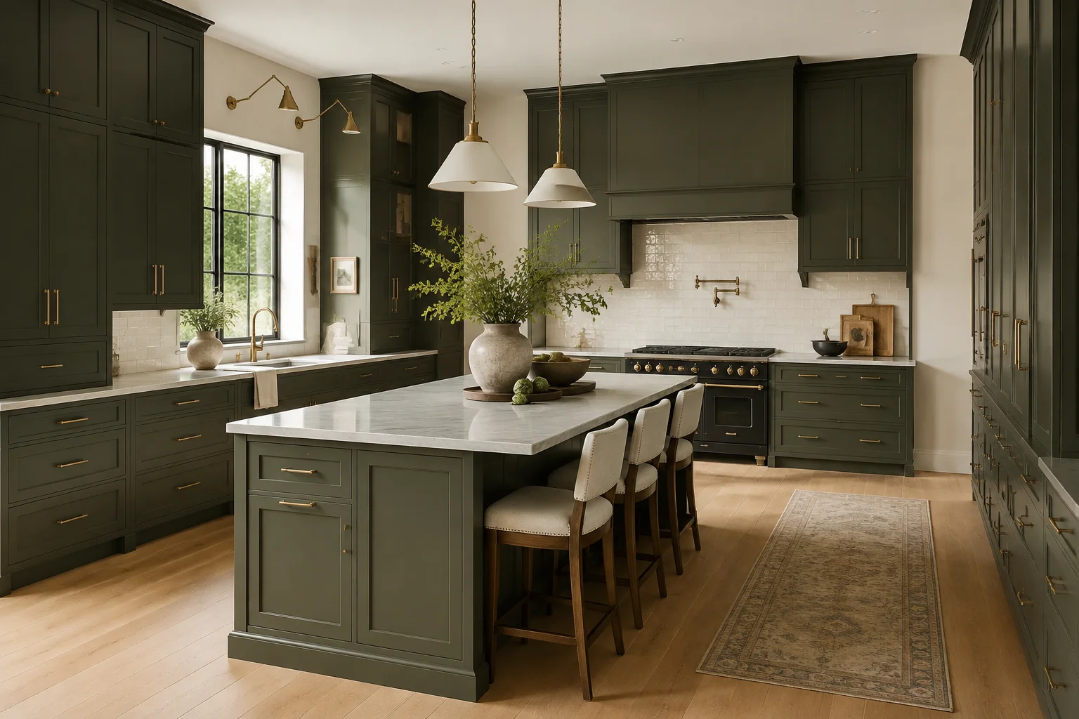 Slim sage green shaker cabinets styled with elegant metallic cabinet pulls.