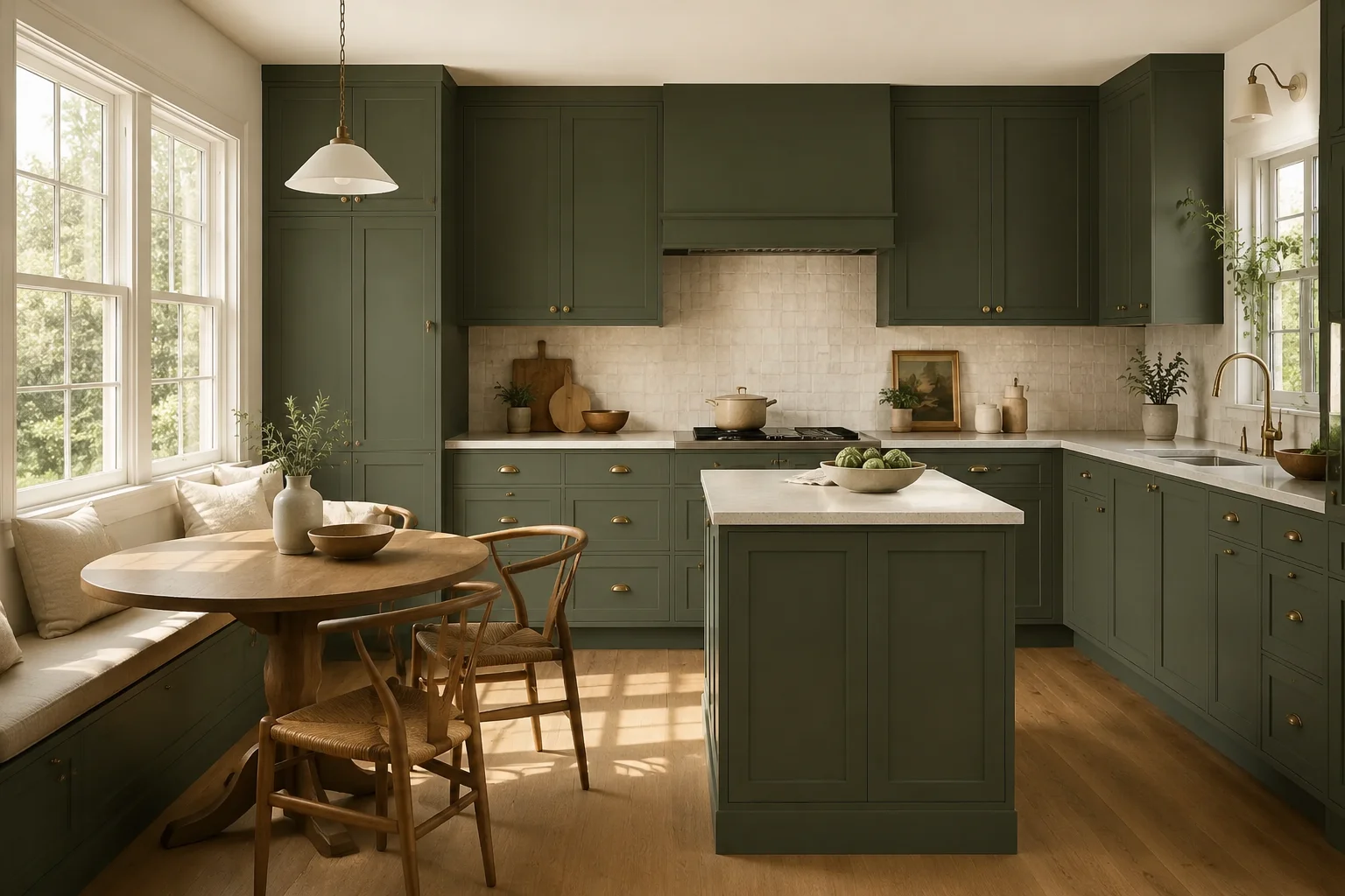 Perimeter wall setup showcasing custom slim sage green shaker kitchen cabinets.
