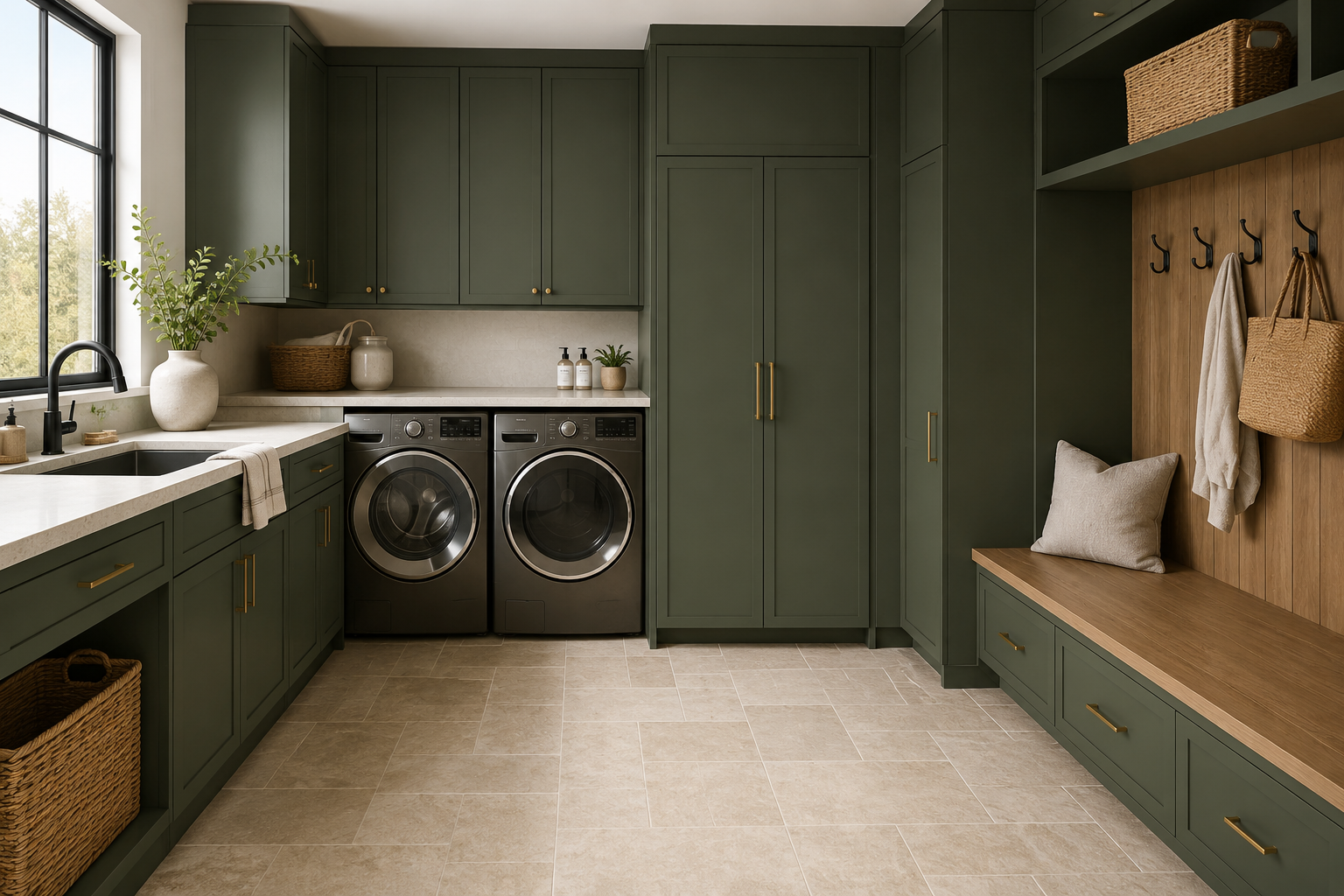 Kitchen island with slim sage green shaker cabinetry topped with a light quartz countertop.