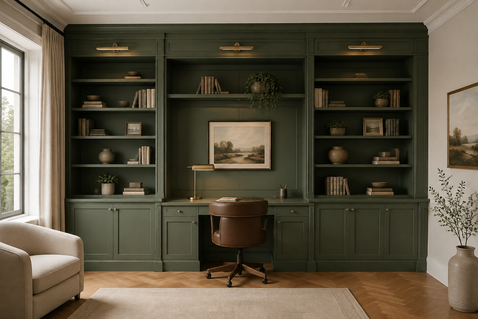 Contemporary kitchen design centered around slim sage green shaker cabinets and natural wood accents.