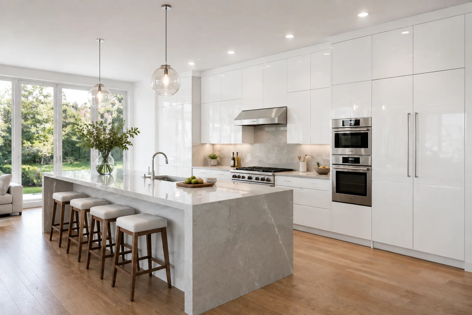 Built-in appliances seamlessly integrated alongside glossy white frameless kitchen cabinets.