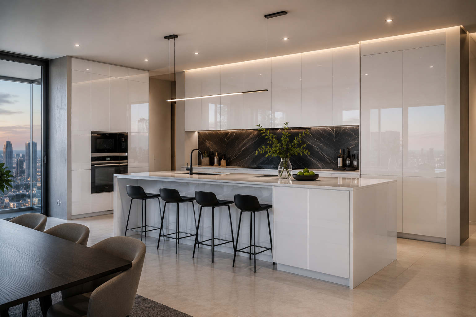 Row of lower base cabinets featuring modern glossy white flat panels and integrated hardware.