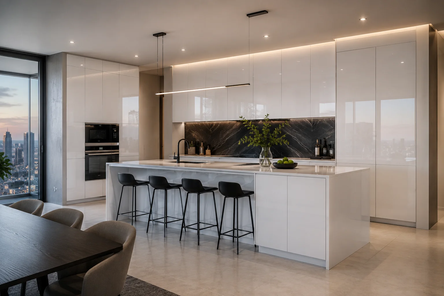 Row of lower base cabinets featuring modern glossy white flat panels and integrated hardware.