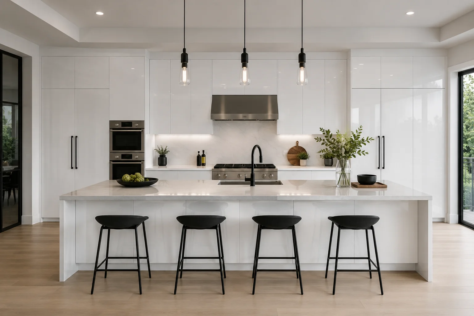 Floor-to-ceiling glossy white European frameless pantry cabinetry in a modern kitchen.