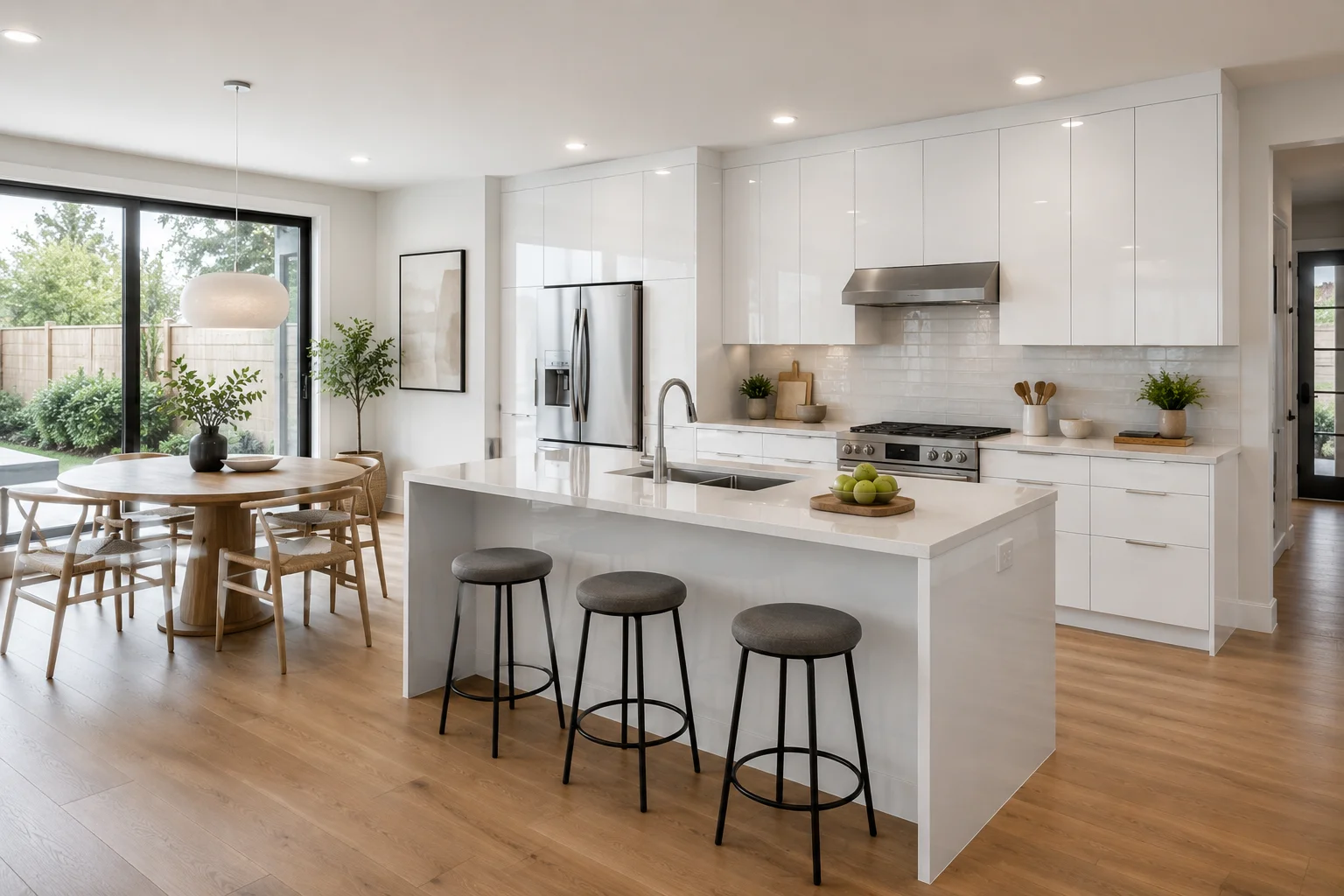 High-contrast pairing of dark stone countertops with glossy white frameless kitchen cabinets.