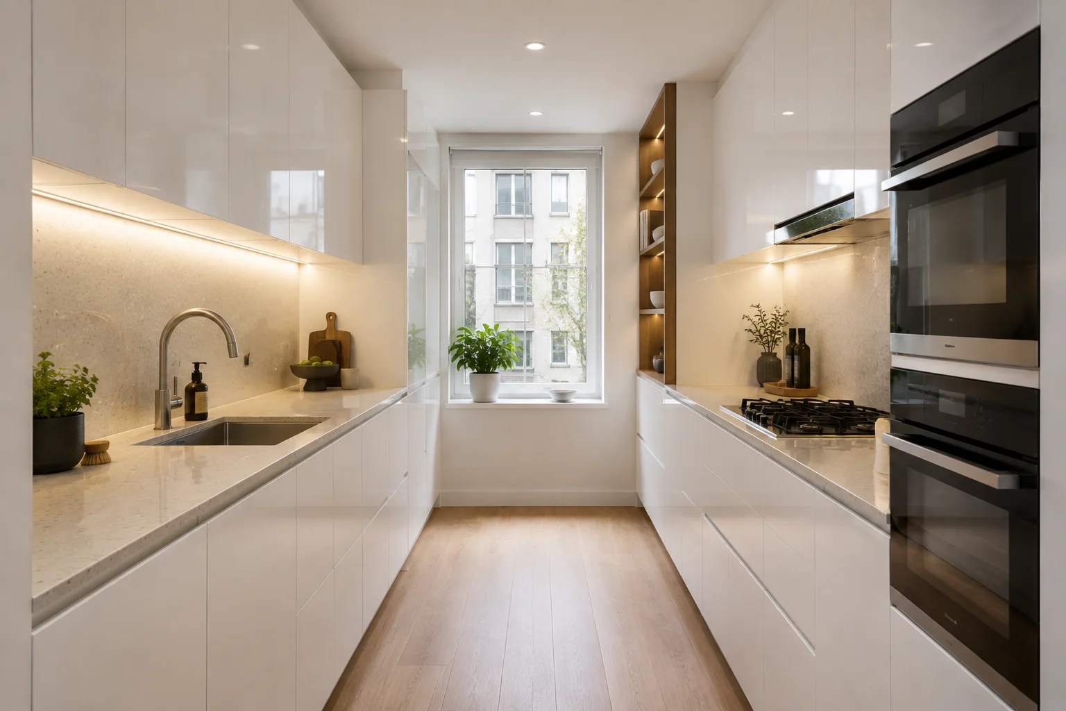 Bright open-concept kitchen highlighting sleek glossy white frameless cabinetry.