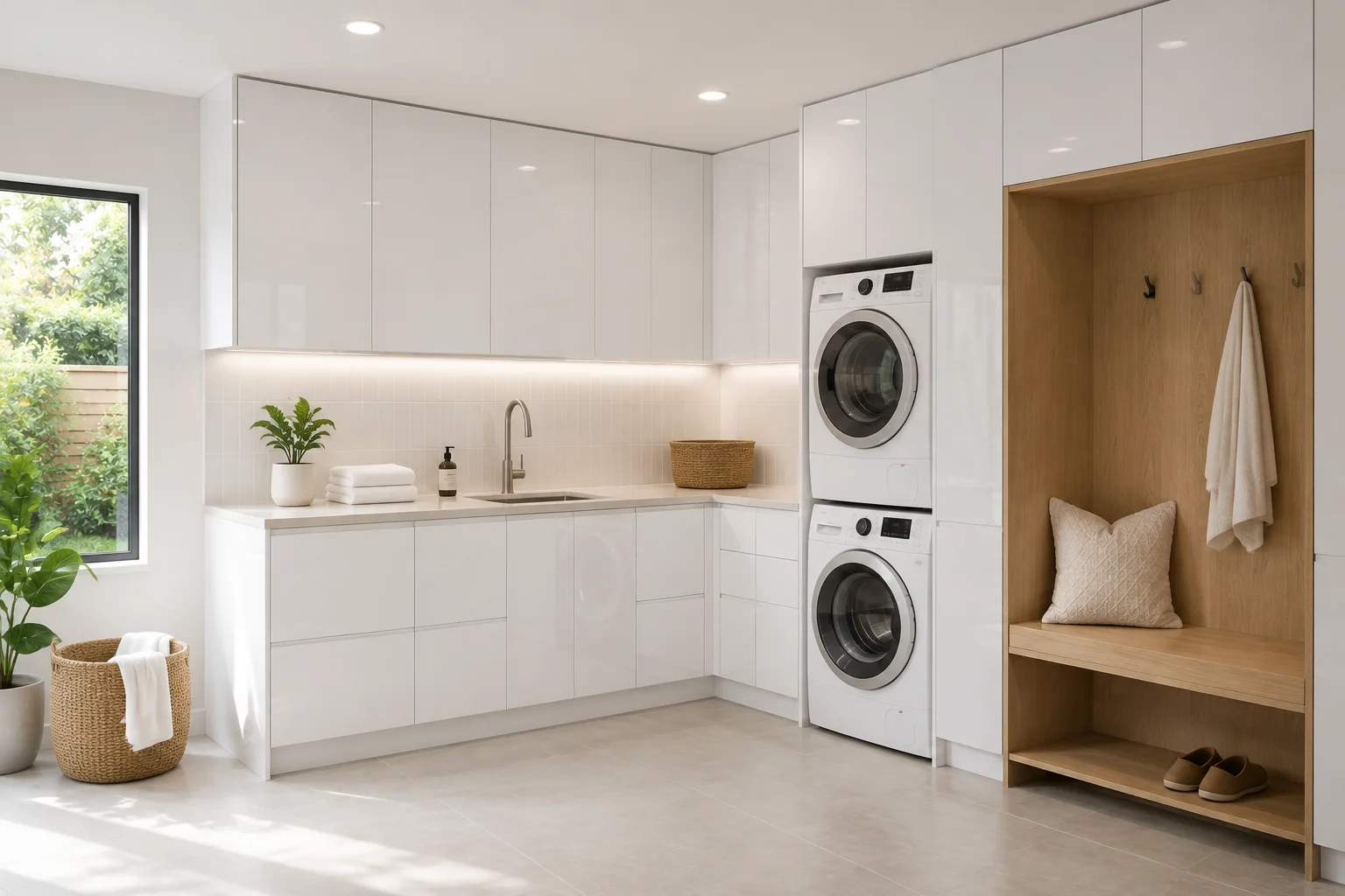 Interior view of organized storage options within glossy white European style cabinets.