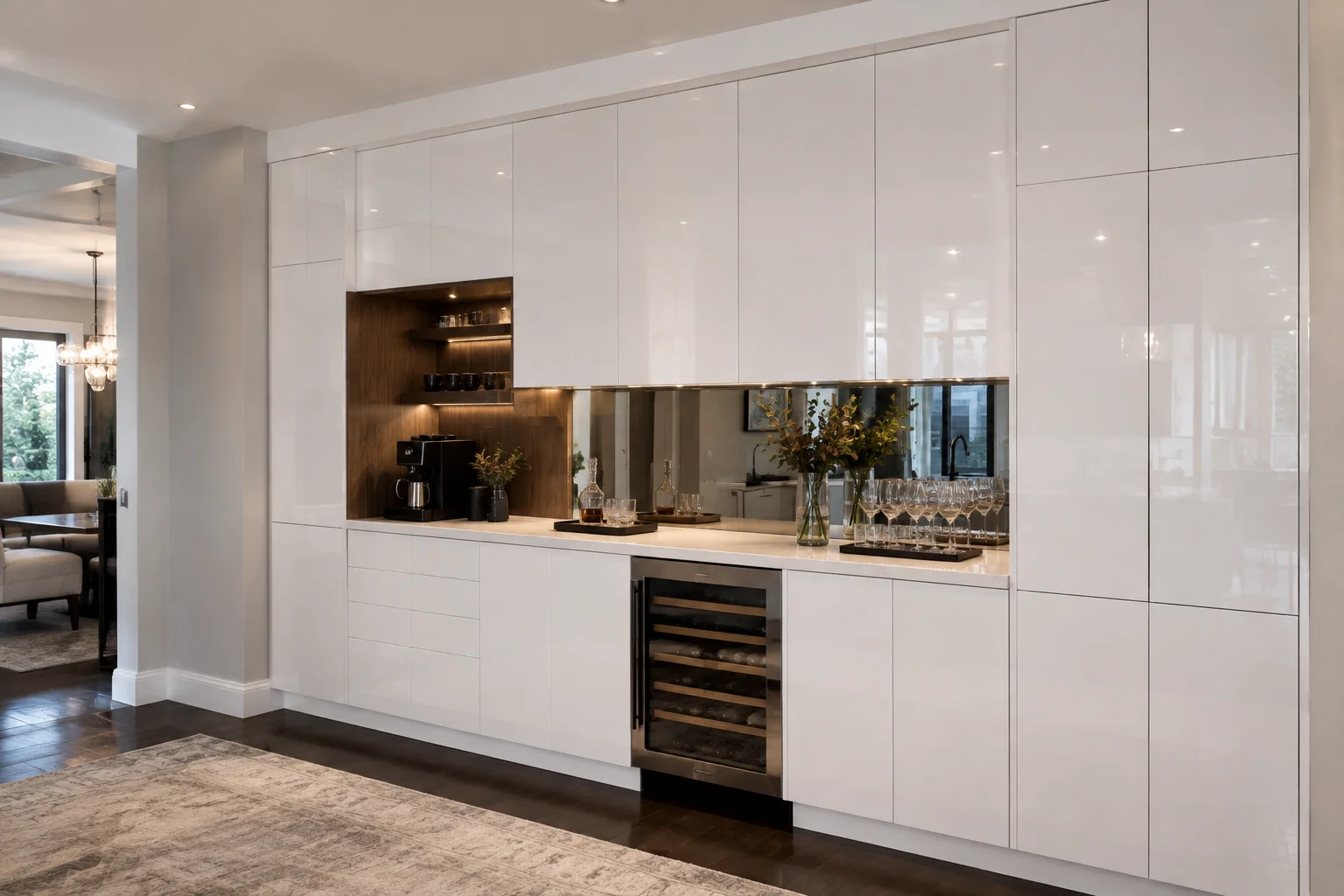 Modern kitchen layout featuring full-overlay glossy white frameless cabinetry and minimalist design.
