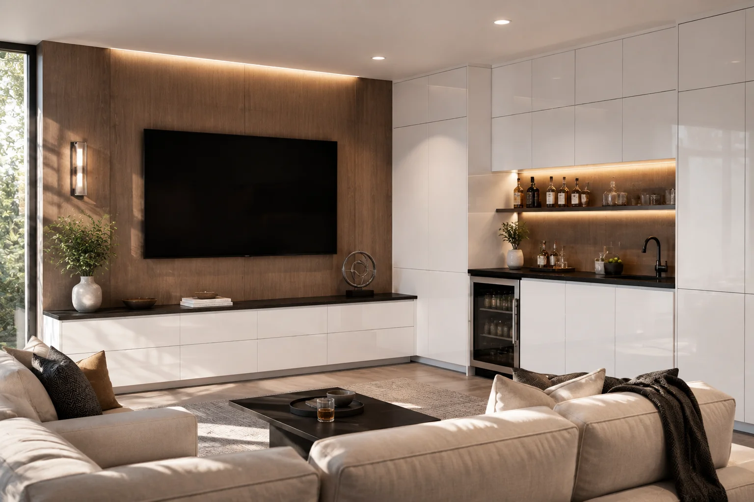 Handleless glossy white European flat-panel cabinets creating a clean contemporary feel.