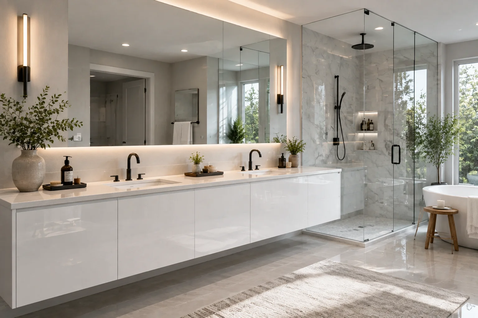 Wall-mounted upper kitchen cabinets with glossy white frameless panels for a modern look.