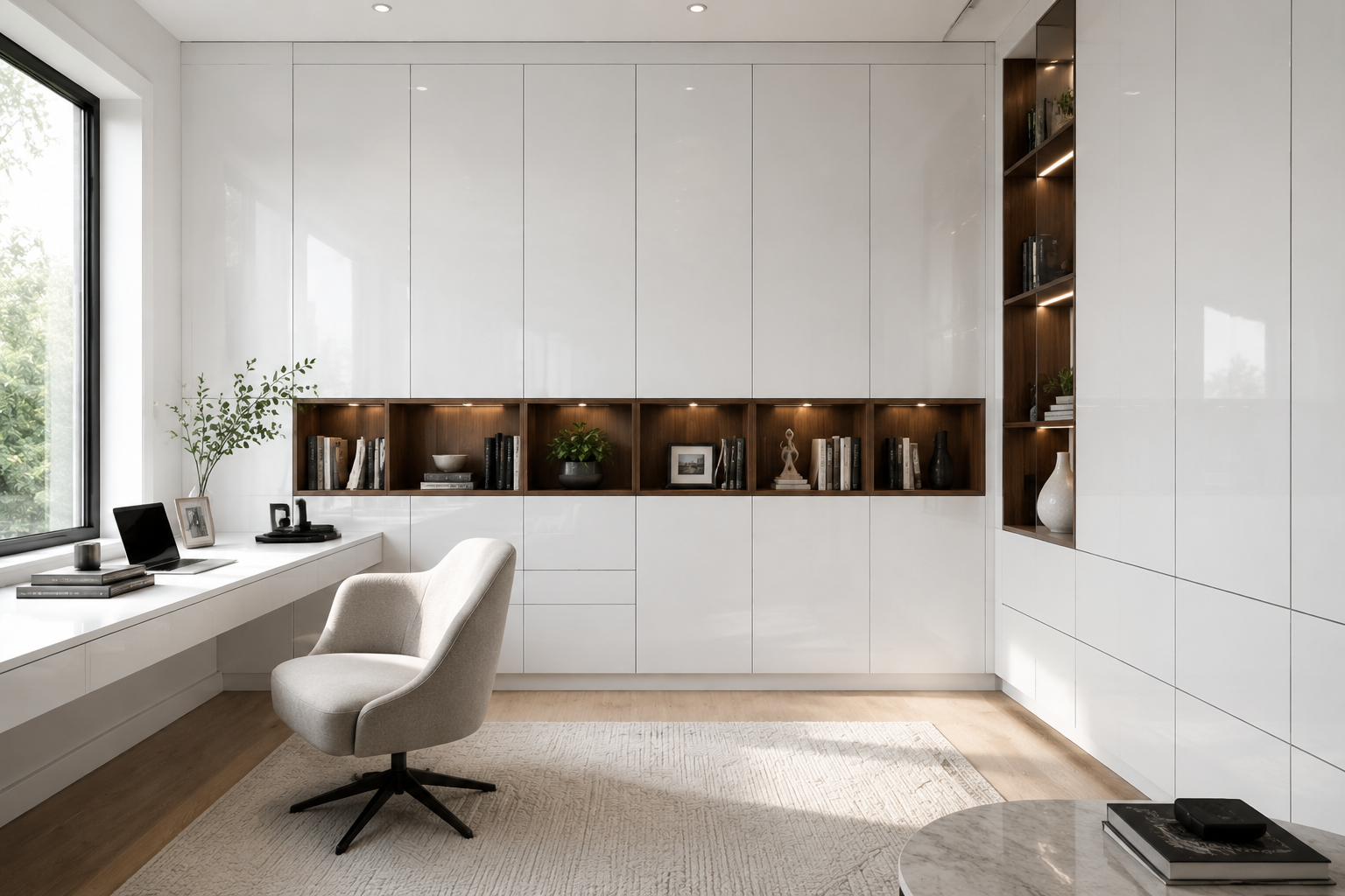 Custom kitchen island styled with seamless glossy white frameless cabinets and quartz countertops.