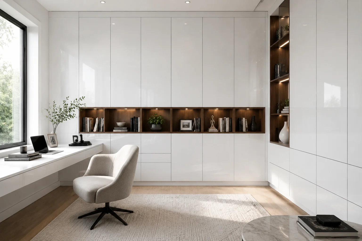 Custom kitchen island styled with seamless glossy white frameless cabinets and quartz countertops.