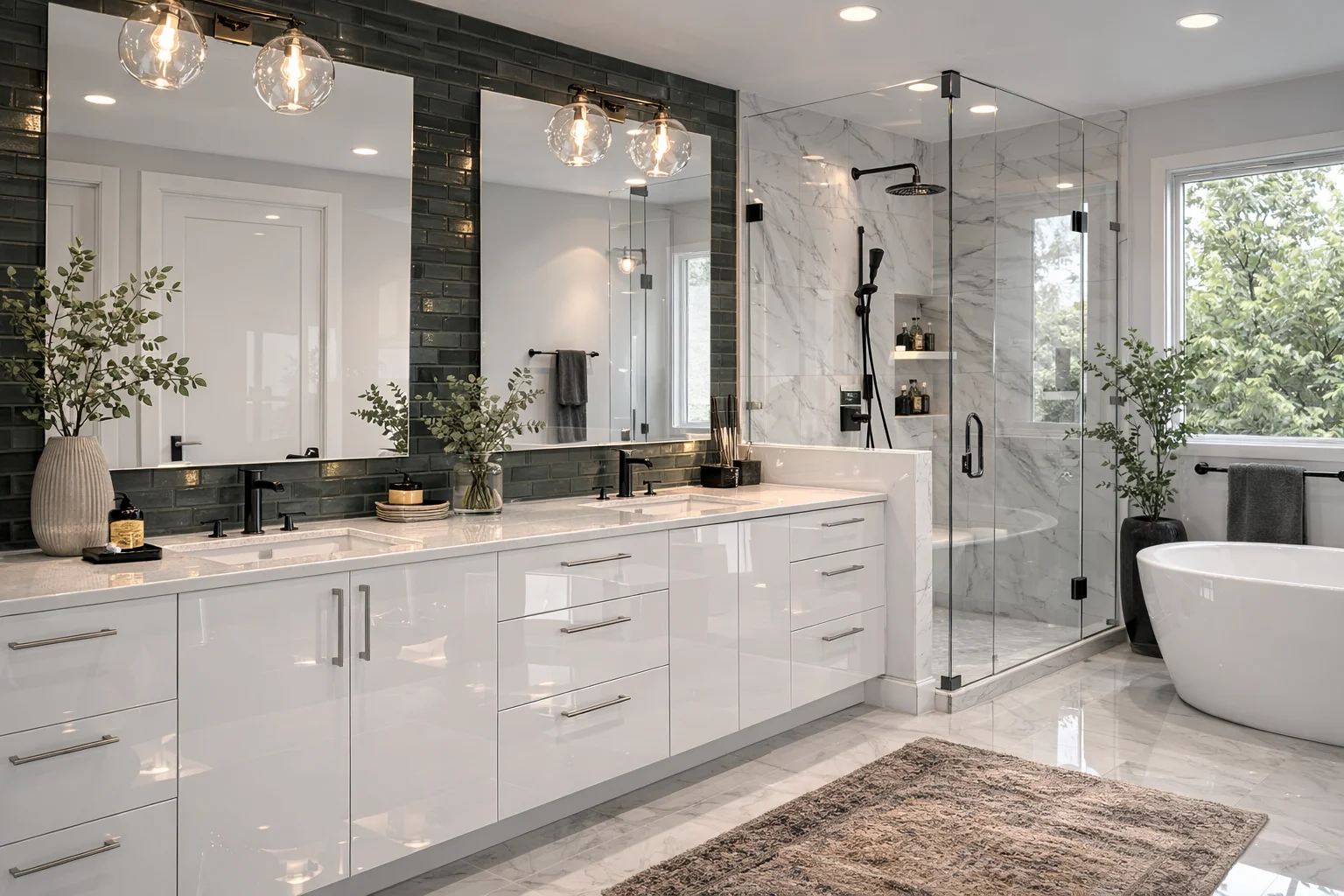 Under-cabinet task lighting illuminating reflective glossy white frameless kitchen cabinets.