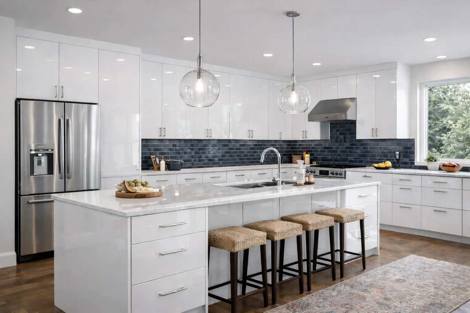 Corner kitchen layout showcasing glossy white European frameless cabinet doors.