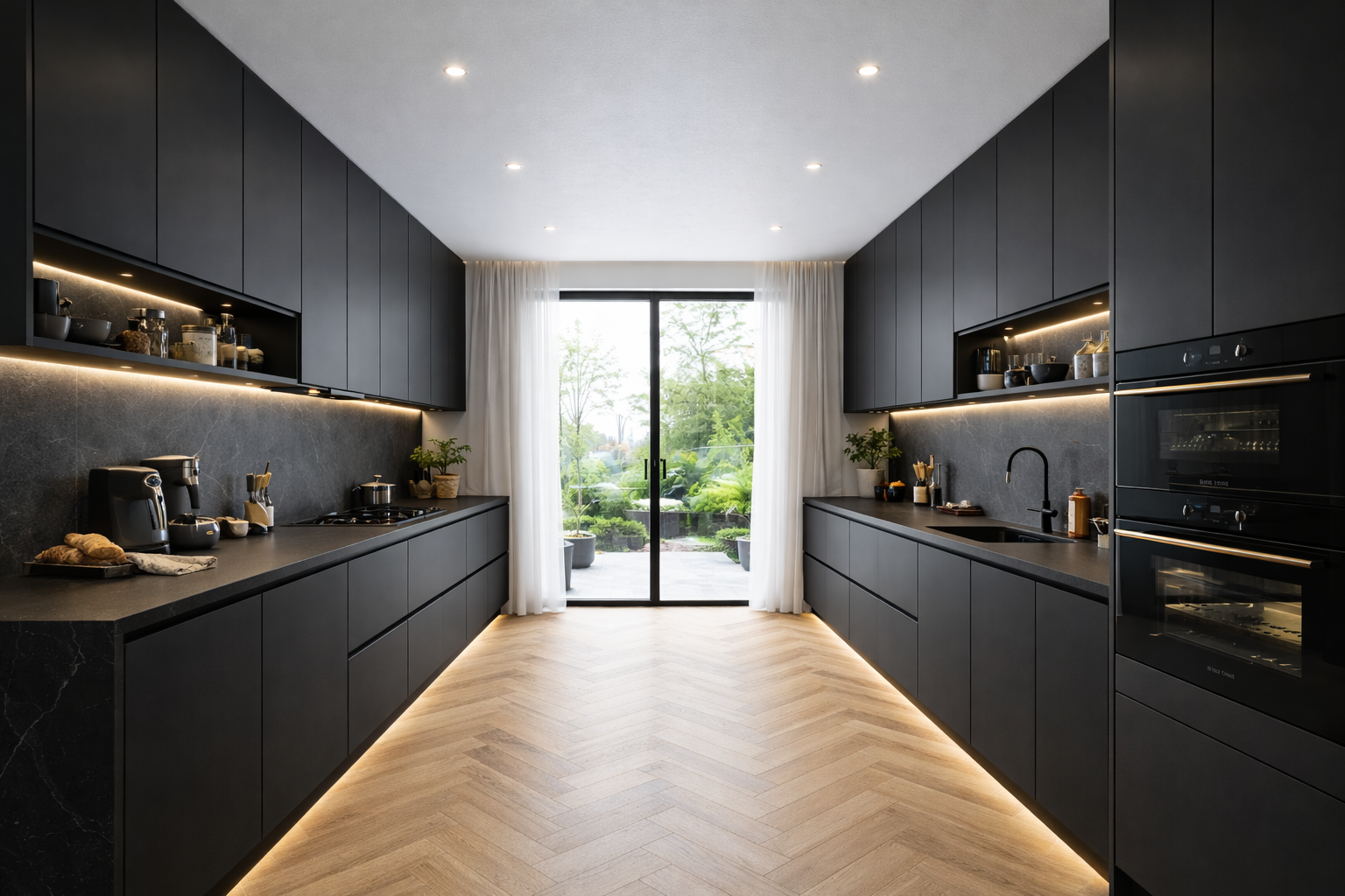Modern galley kitchen with floor-to-ceiling matte black European frameless cabinets, herringbone wood floors, integrated wall ovens, and under-cabinet LED lighting strip.