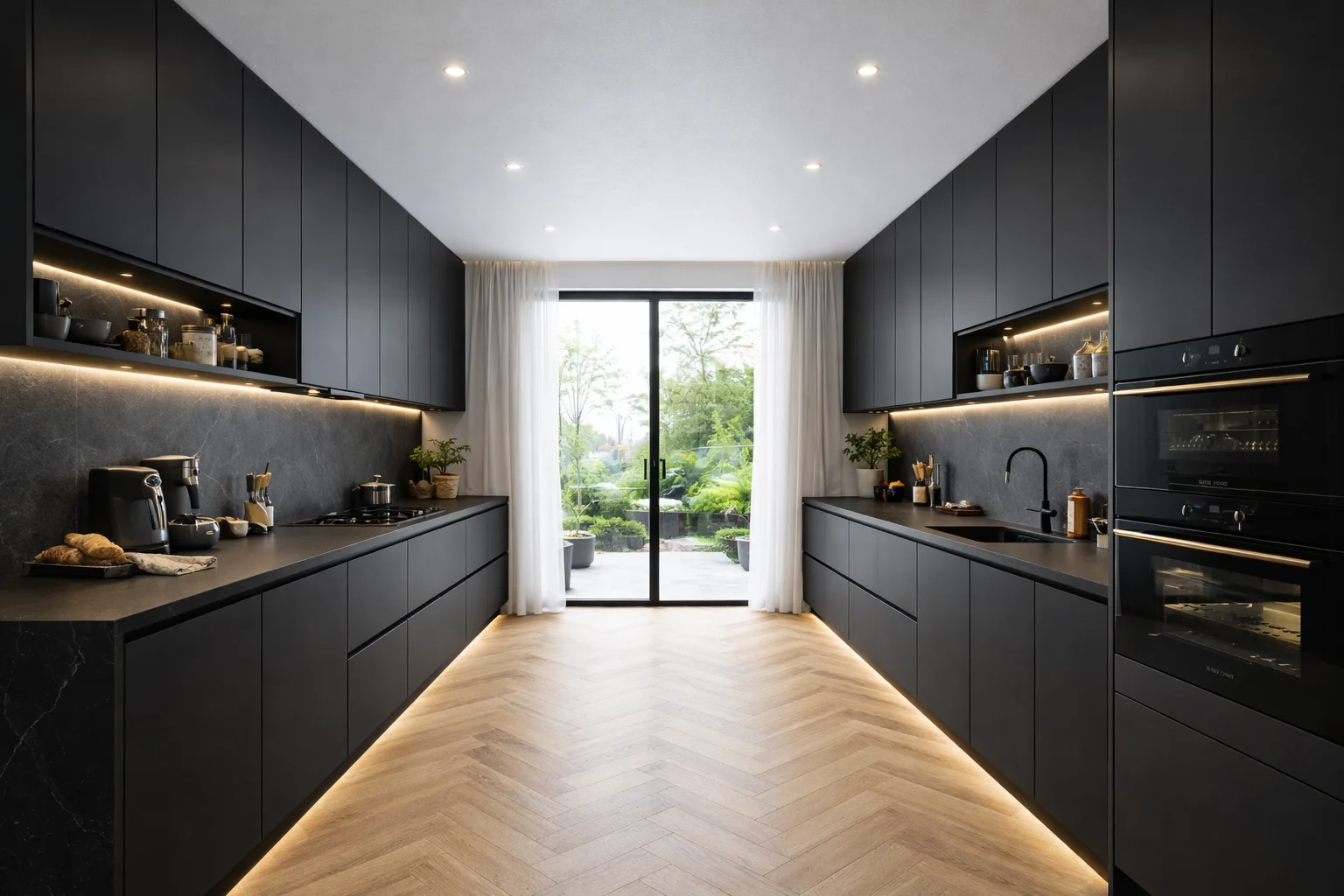 Modern galley kitchen with floor-to-ceiling matte black European frameless cabinets, herringbone wood floors, integrated wall ovens, and under-cabinet LED lighting strip.