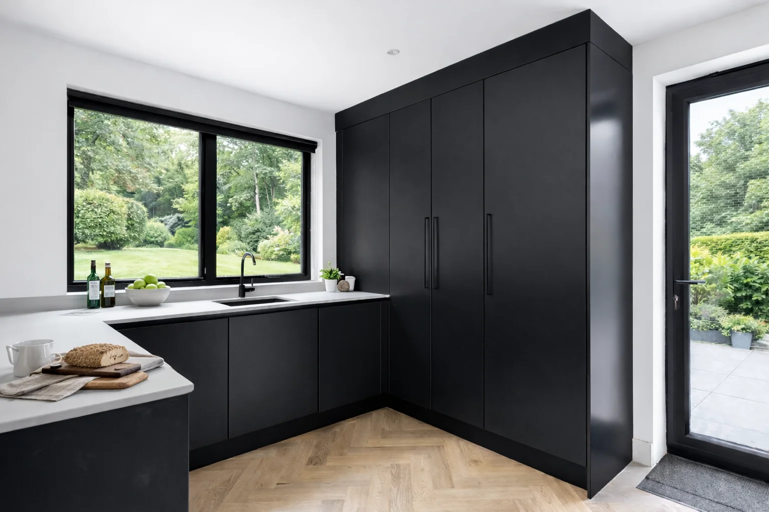 Modern kitchen with matte black European frameless base cabinets, light countertops, and full-height pantry storage cabinets next to a glass door.